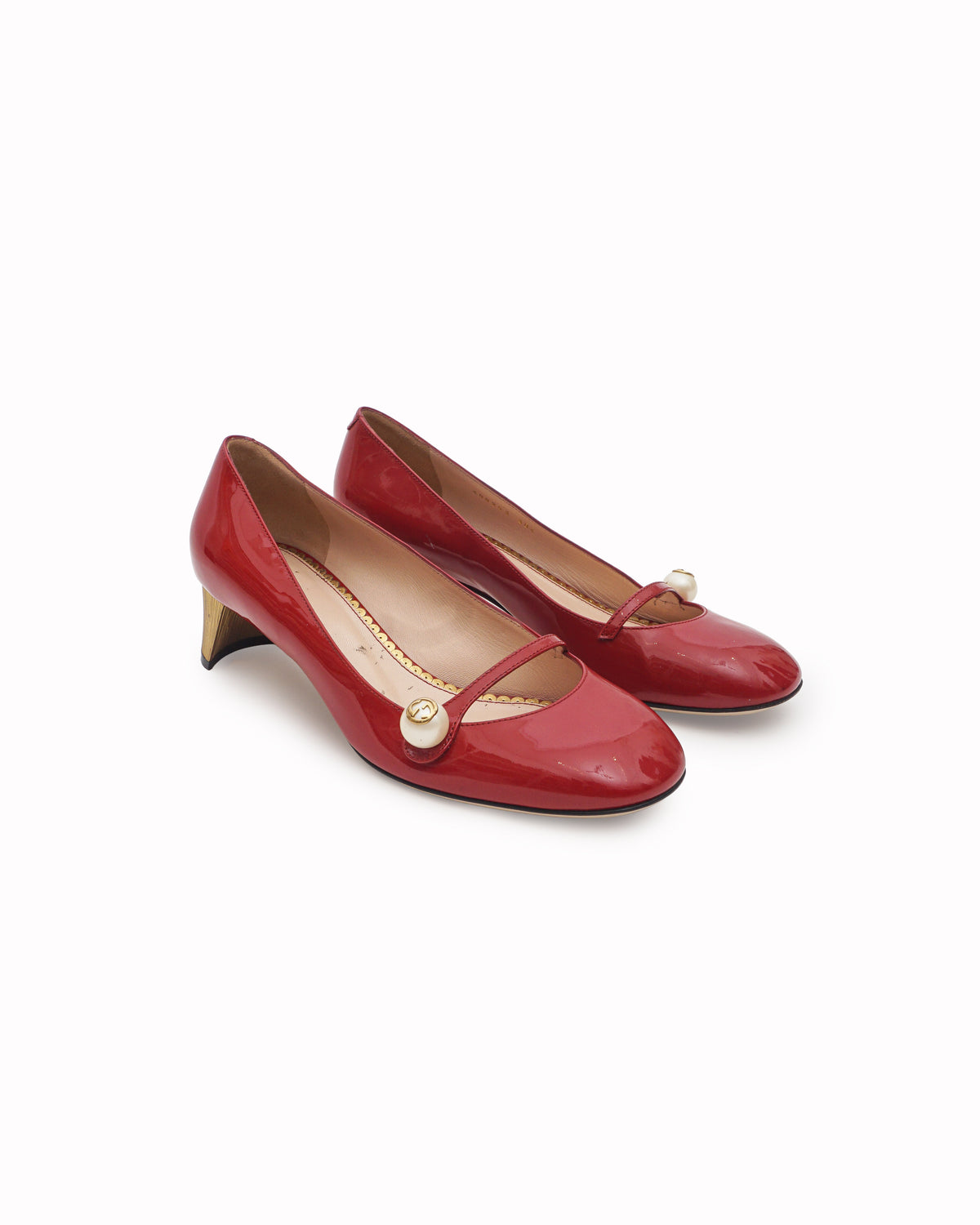 Gucci Red Patent Leather Pearl Interlocking GG Mary Jane Pumps