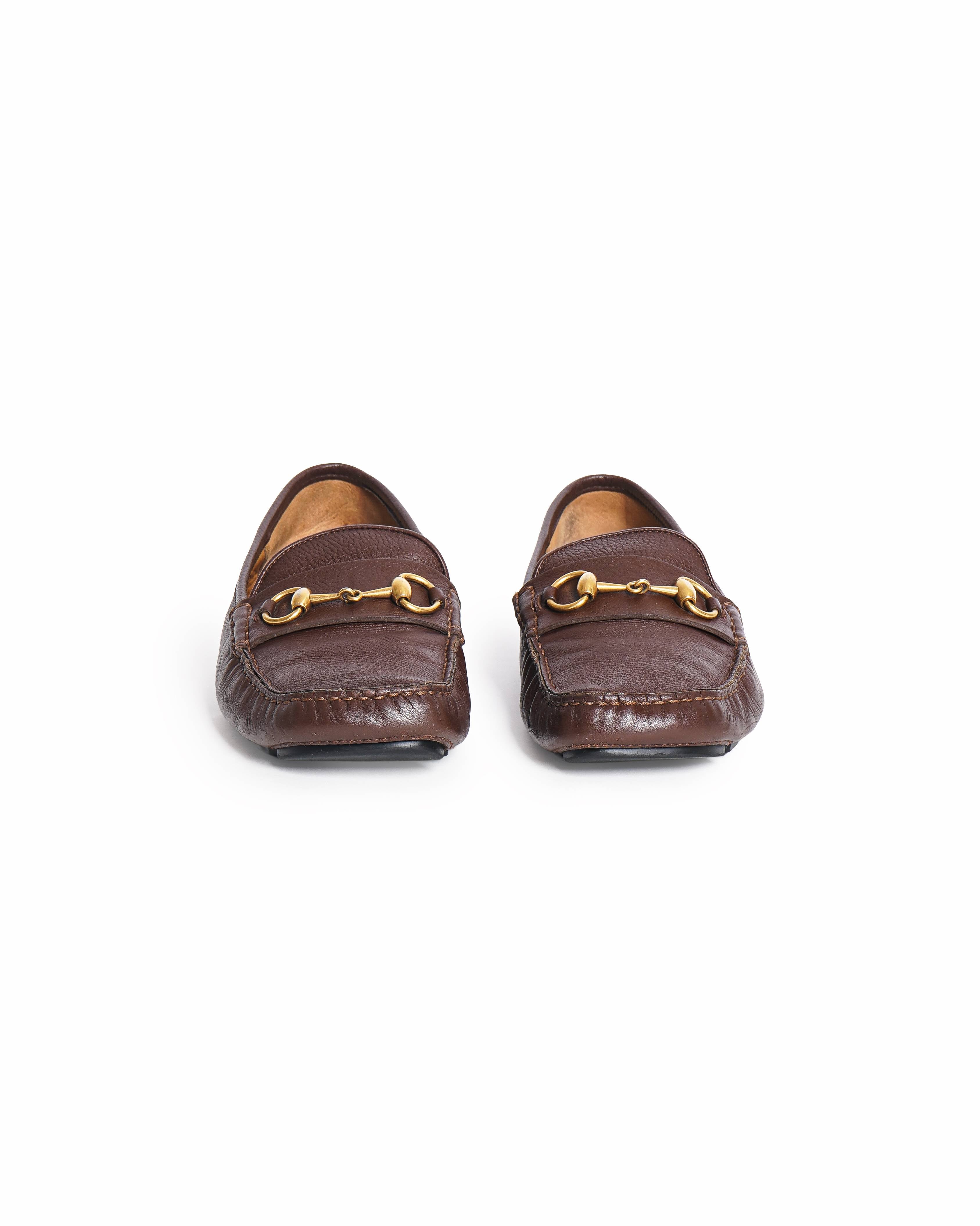 Gucci Brown Grained Leather Horsebit Slip-On Loafers