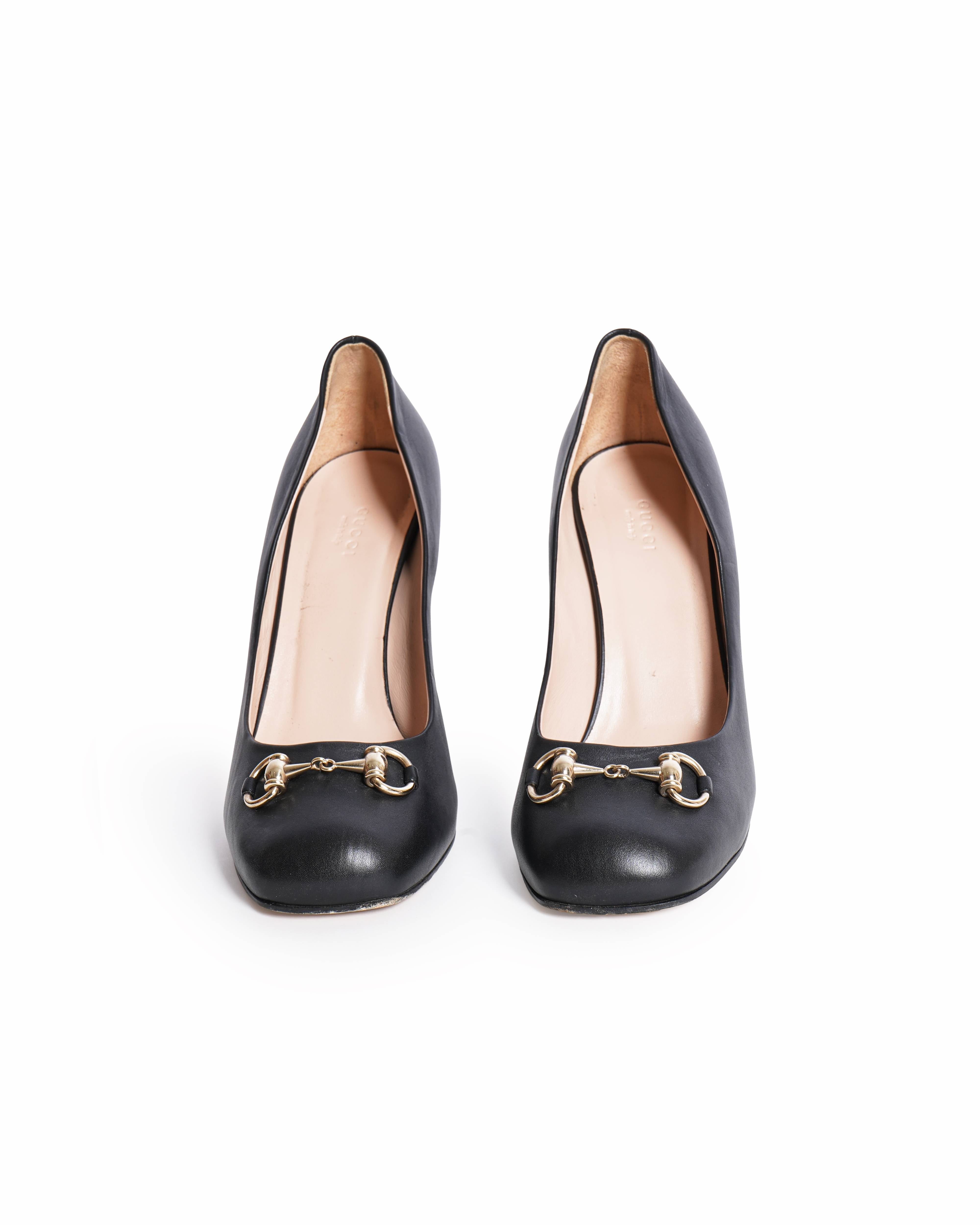 Gucci Black Leather Horsebit Block Heel Pumps