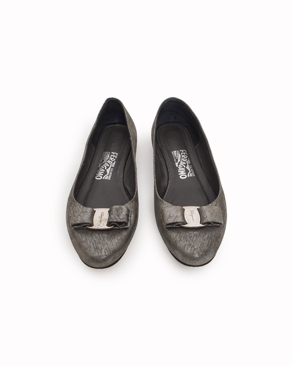Salvatore Ferragamo Grey Metallic Vara Ballet Flats
