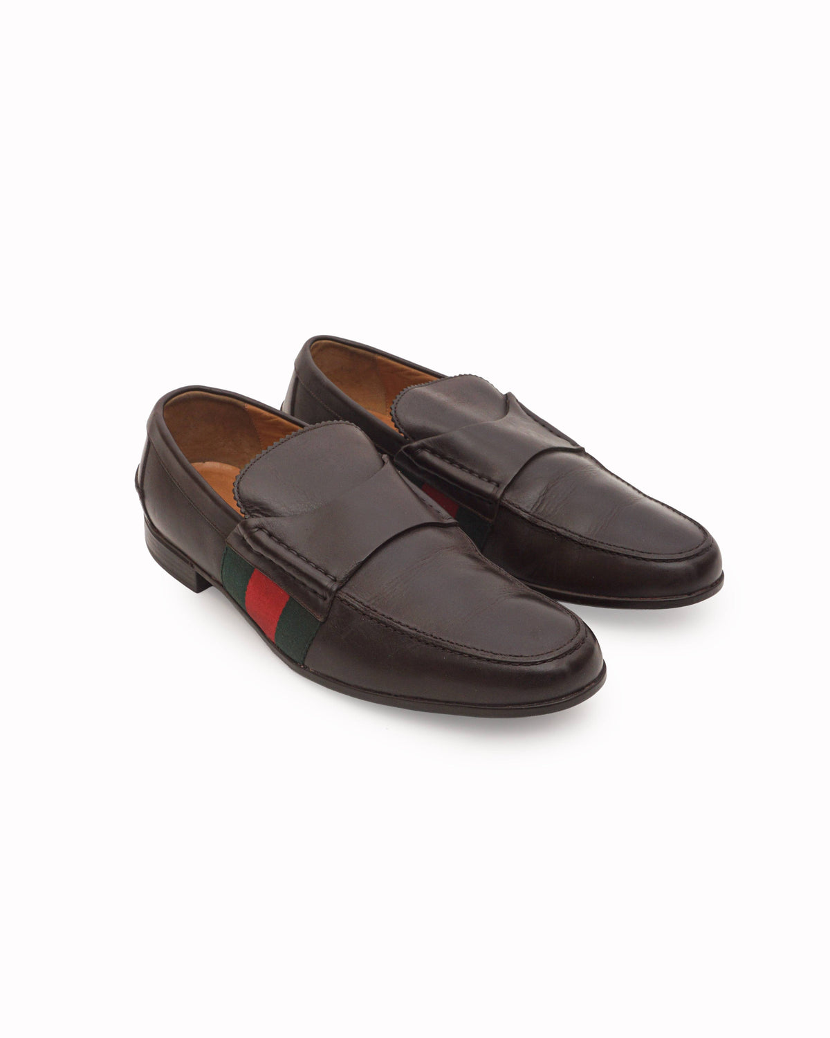 Gucci Dark Brown Leather Web Stripe Penny Loafers