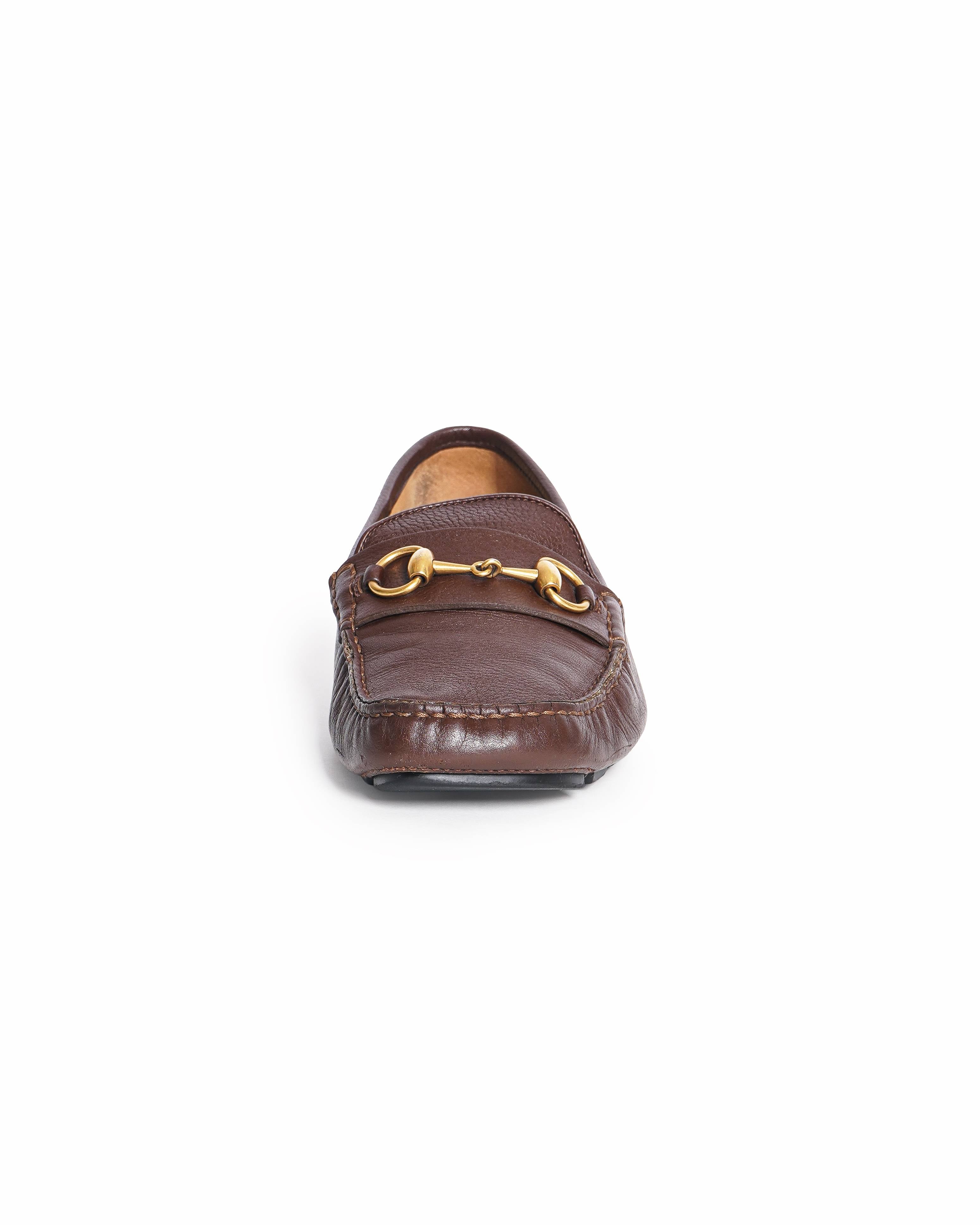 Gucci Brown Grained Leather Horsebit Slip-On Loafers