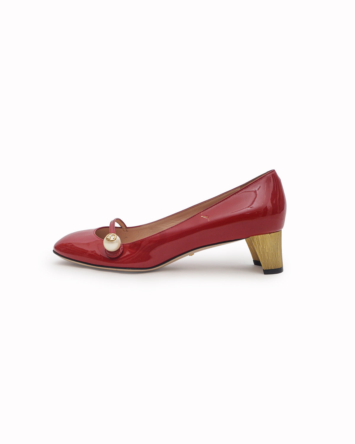 Gucci Red Patent Leather Pearl Interlocking GG Mary Jane Pumps