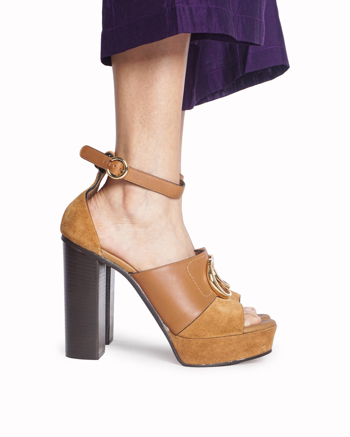 Chloé Tan Leather & Suede 'C' Logo Chunky Platform Heels