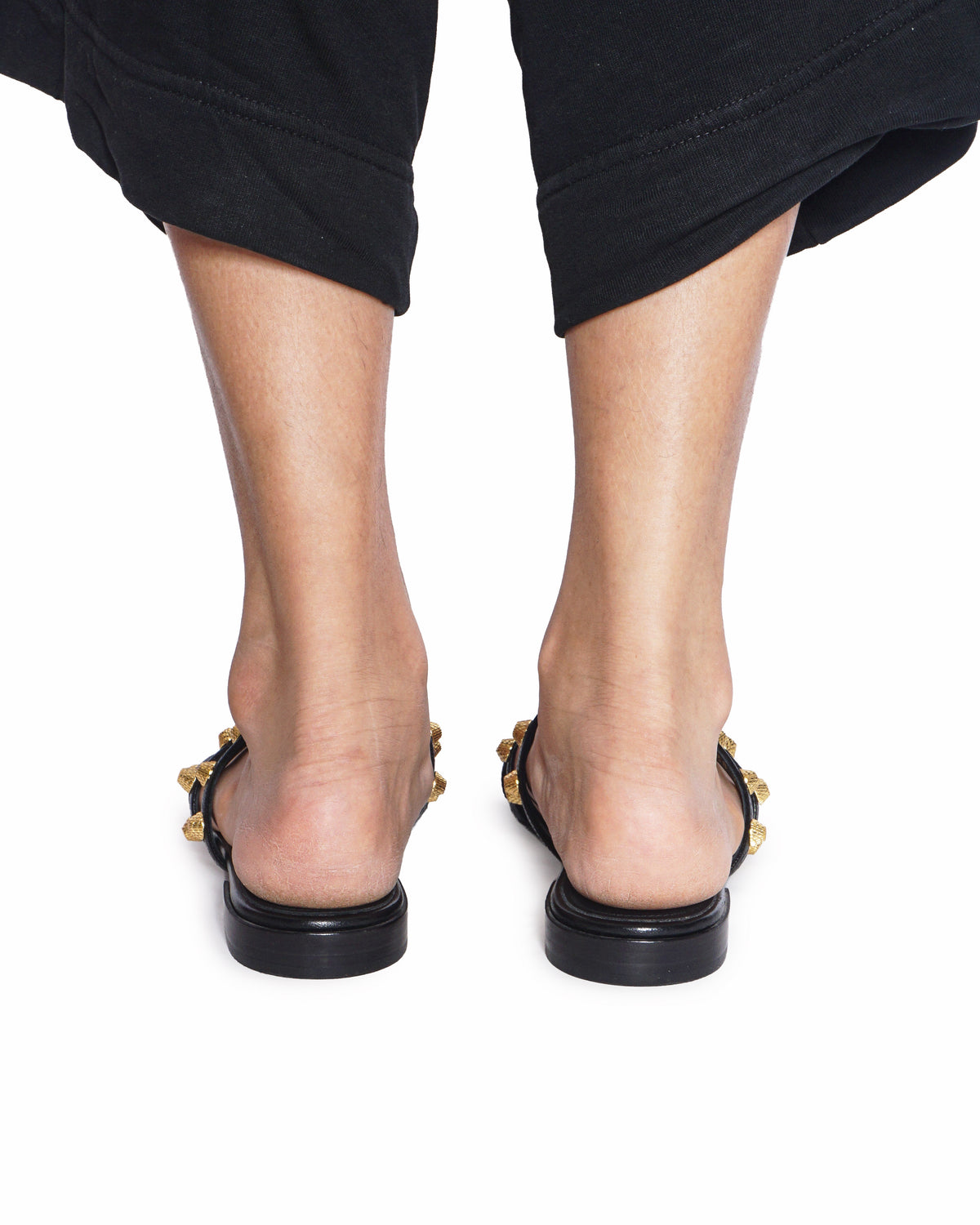 Balenciaga Black Leather Studded Accents Flat Slides