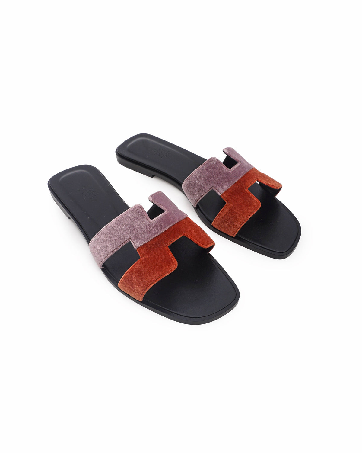 Hermès Colorblock Velvet Oran Sandals In Lilac Orange