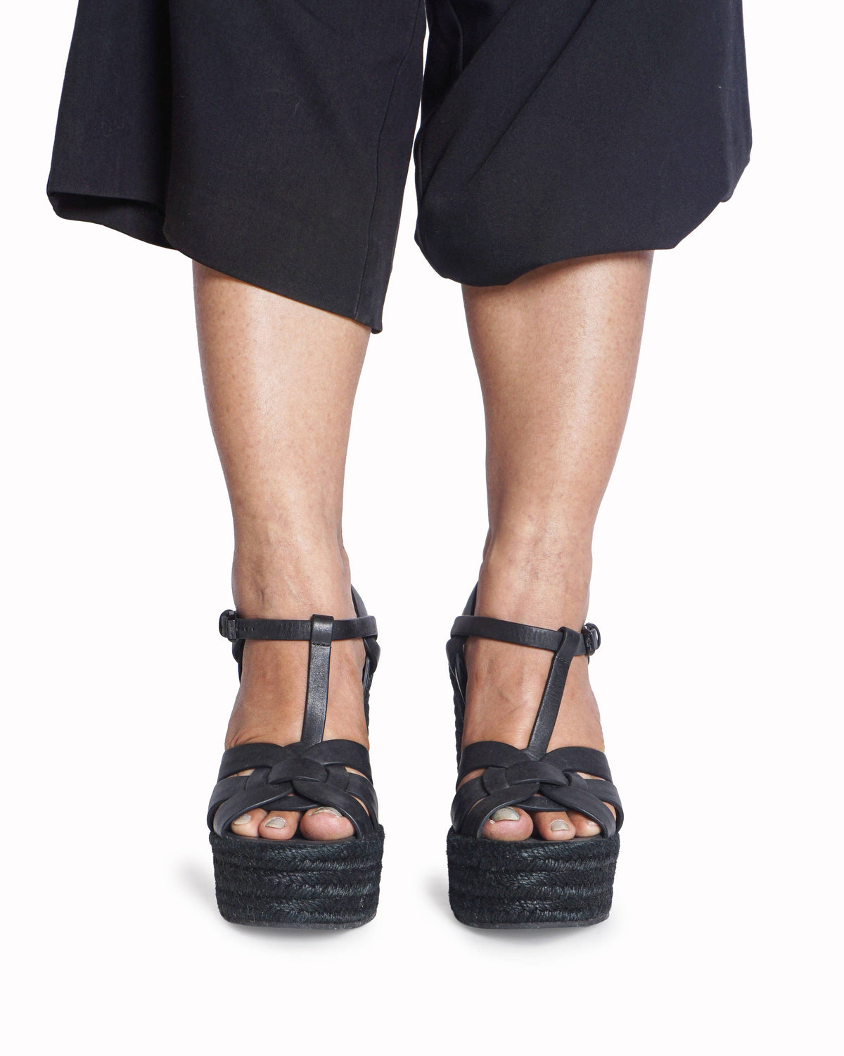 Saint Laurent Tribute Black Leather Jute Platform Wedges