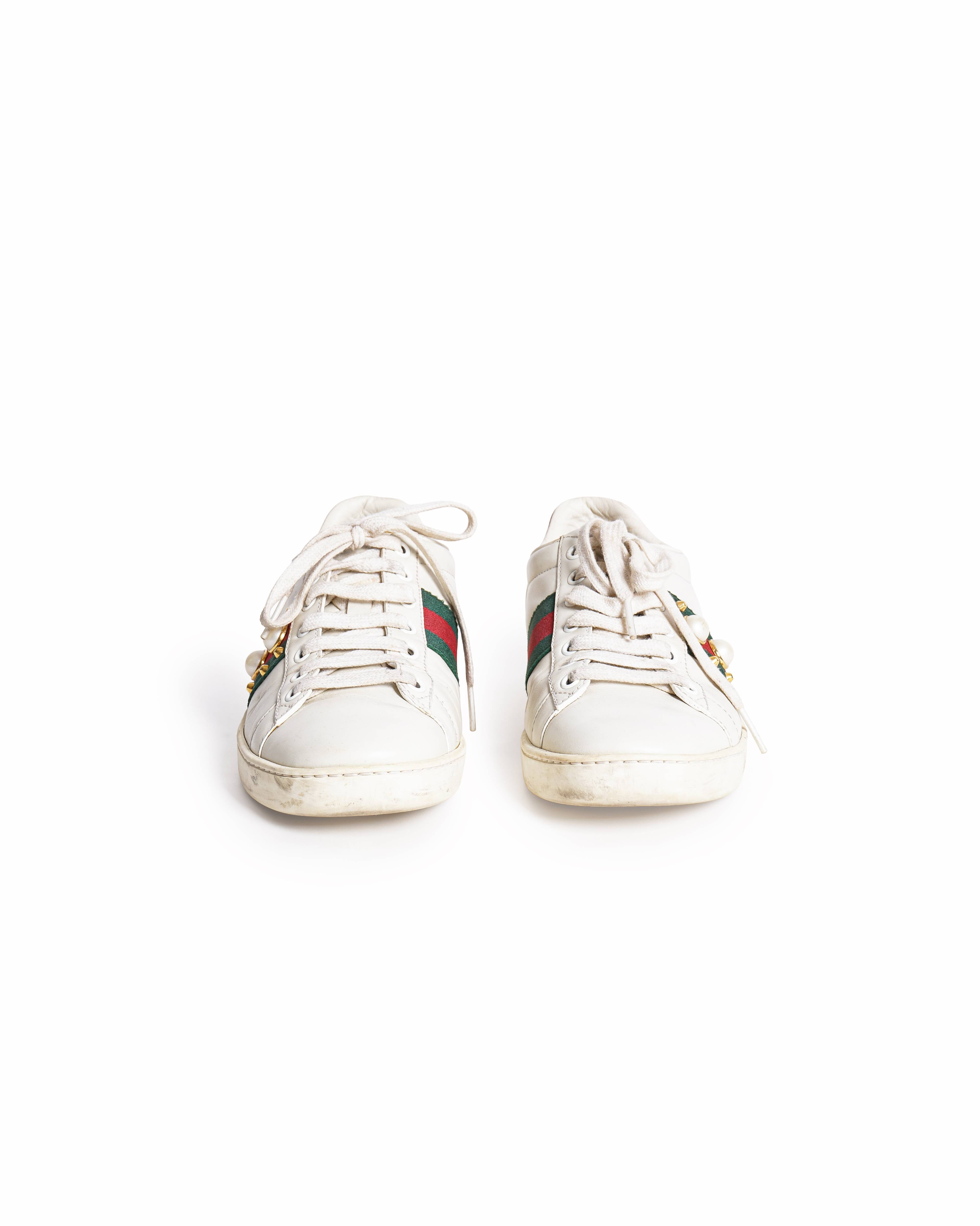 Gucci Ace Pearl and Stud Embellished Leather Low-Top Sneakers
