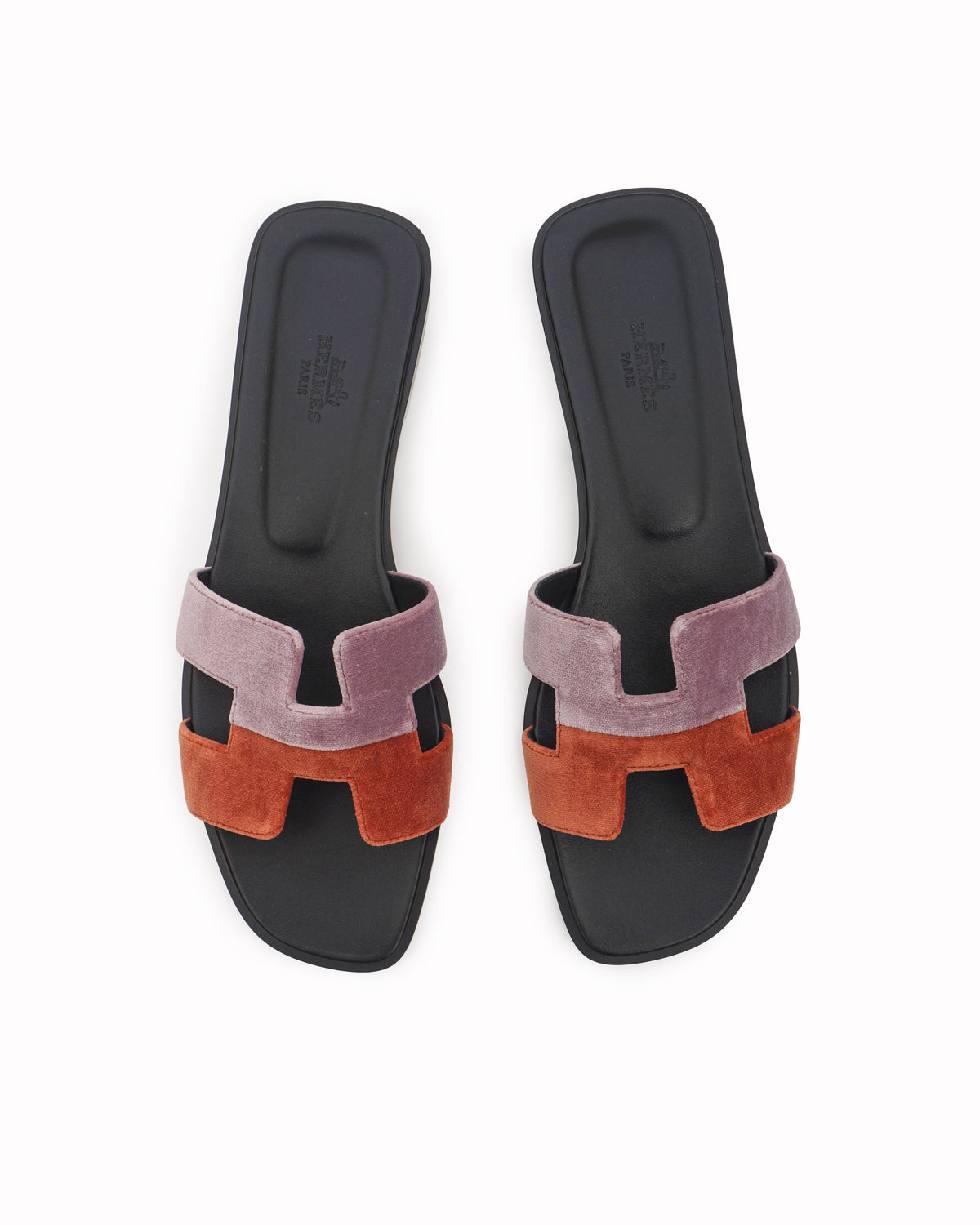 Hermès Colorblock Velvet Oran Sandals In Lilac Orange
