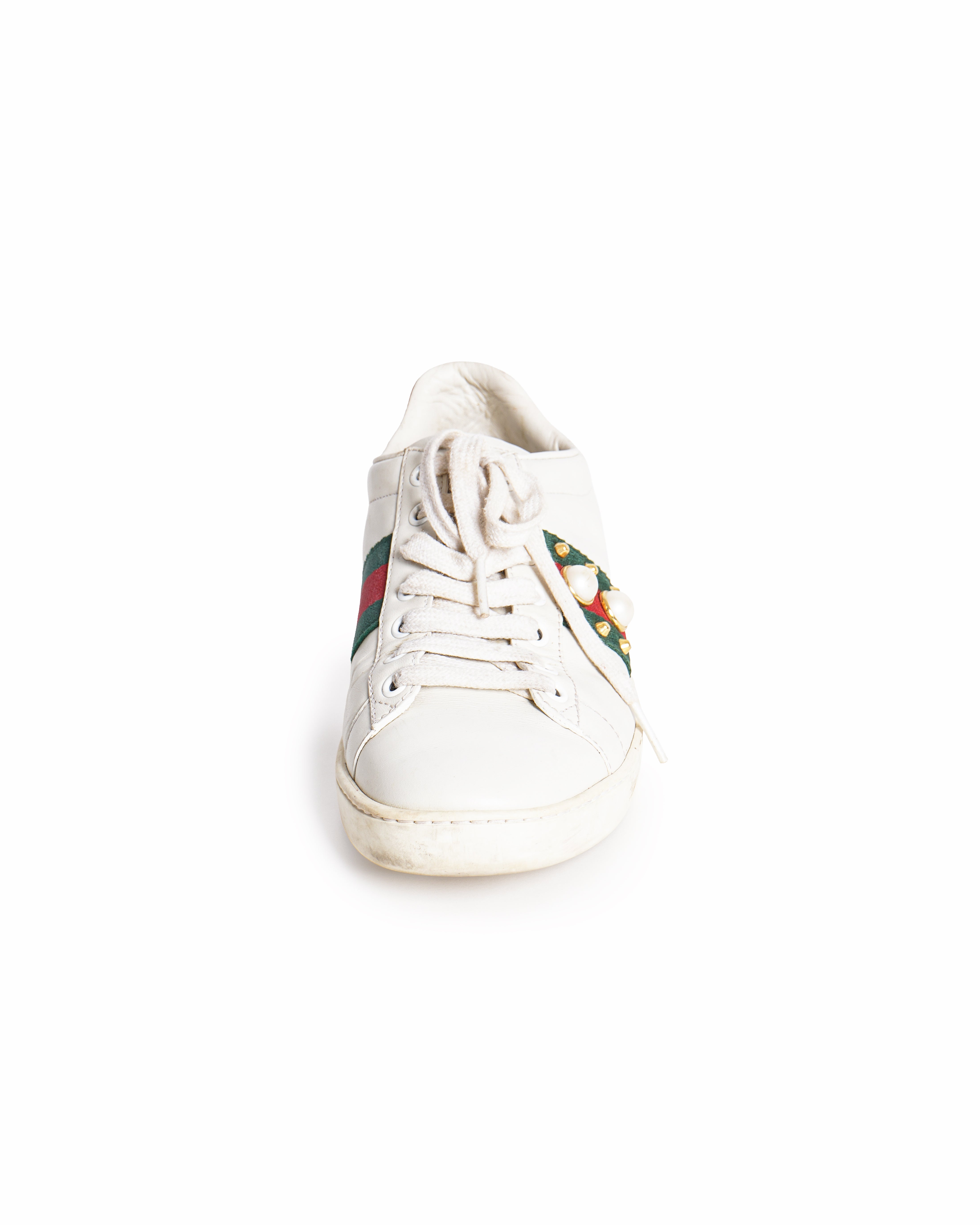 Gucci Ace Pearl and Stud Embellished Leather Low-Top Sneakers
