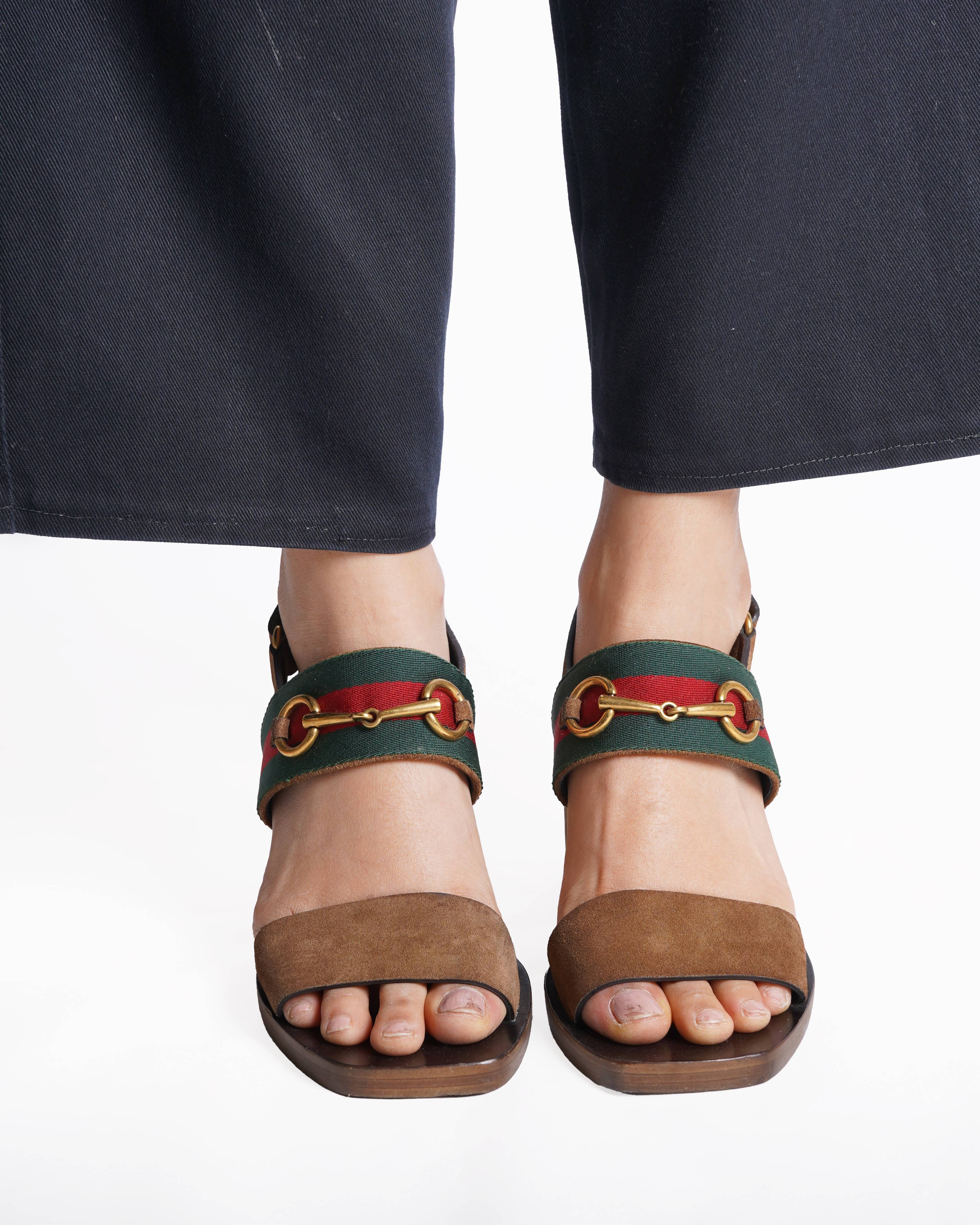 Gucci 
Brown Suede Web Horsebit Slingback Block Heel Sandals