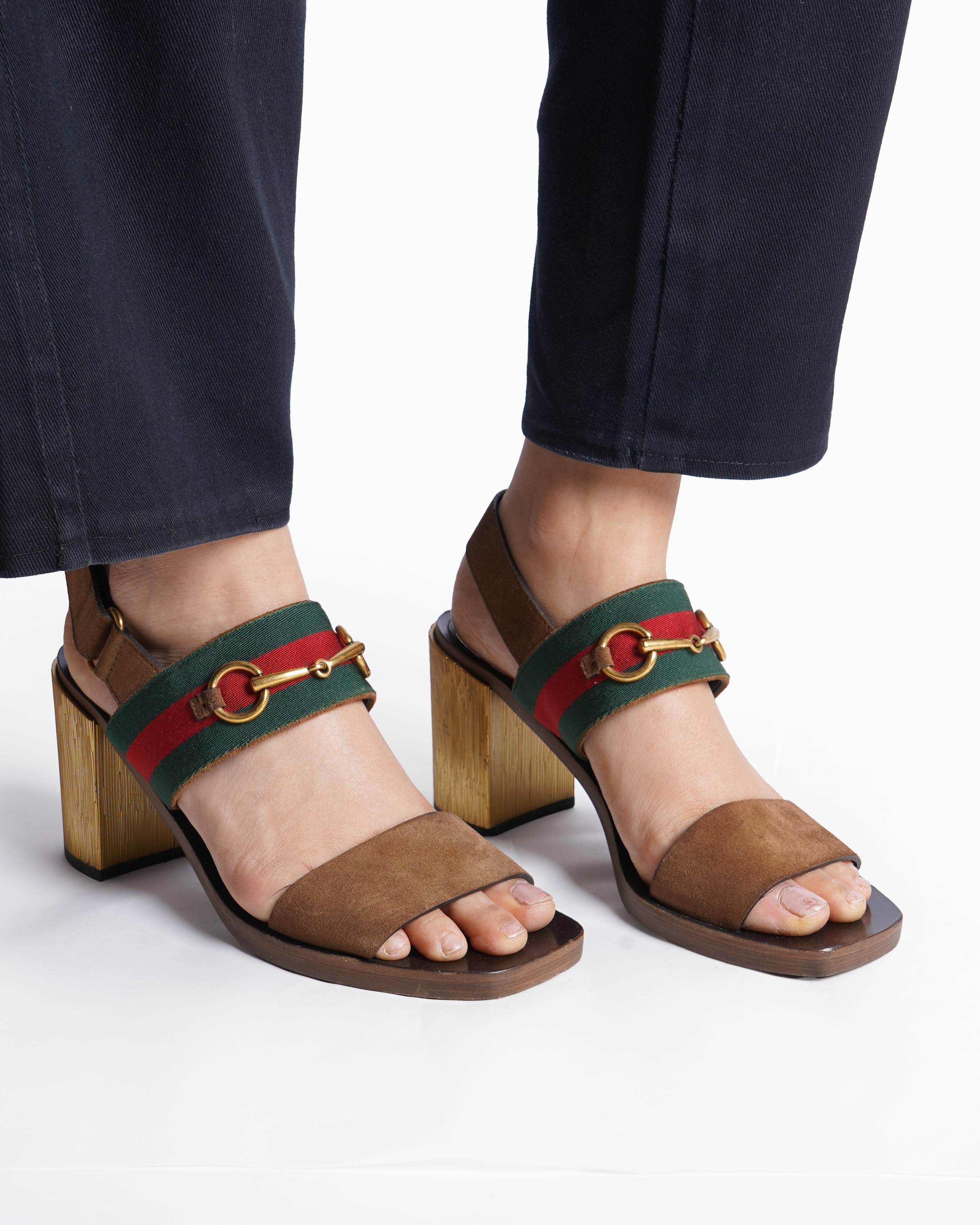 Gucci 
Brown Suede Web Horsebit Slingback Block Heel Sandals