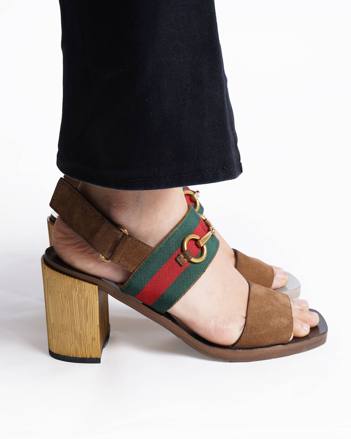 Gucci 
Brown Suede Web Horsebit Slingback Block Heel Sandals