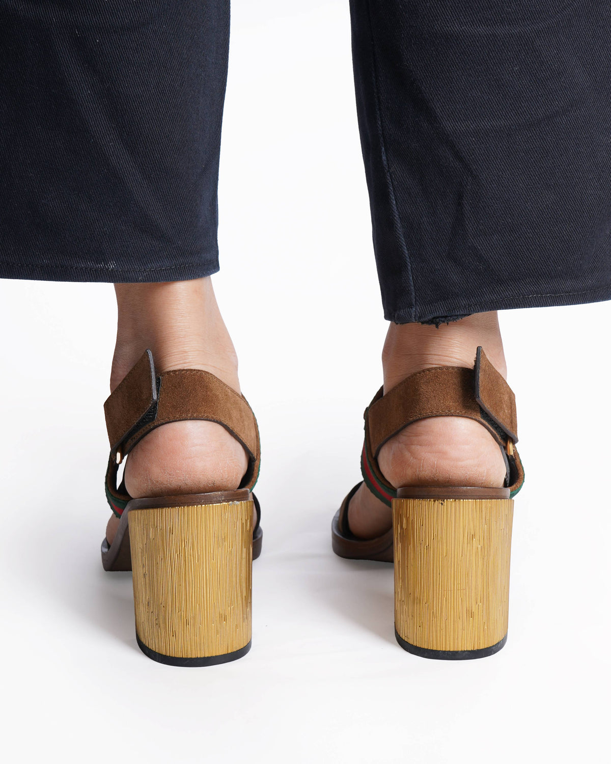 Gucci 
Brown Suede Web Horsebit Slingback Block Heel Sandals
