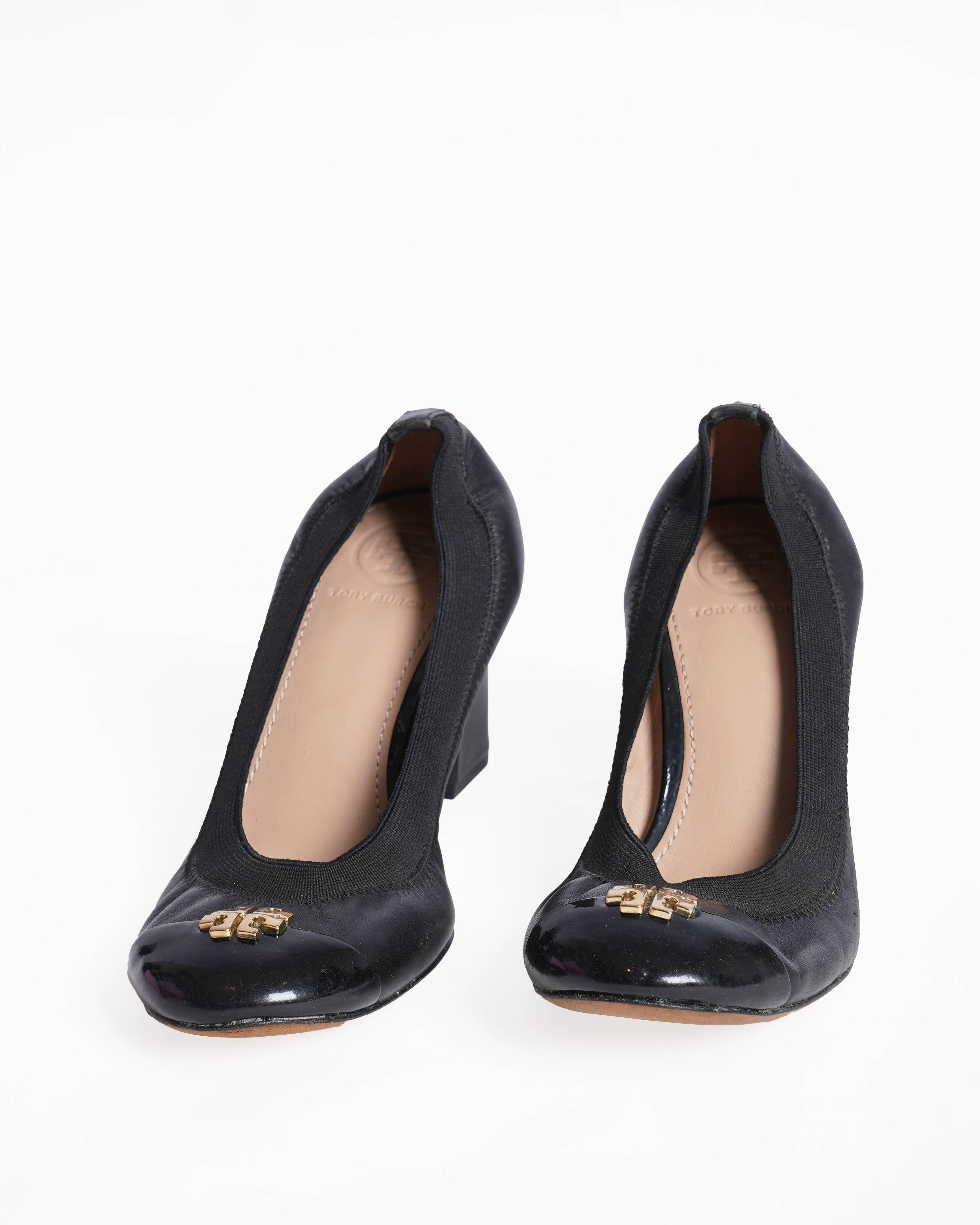 Tory Burch Black Leather Cap Toe Jolie Block Heel Pumps