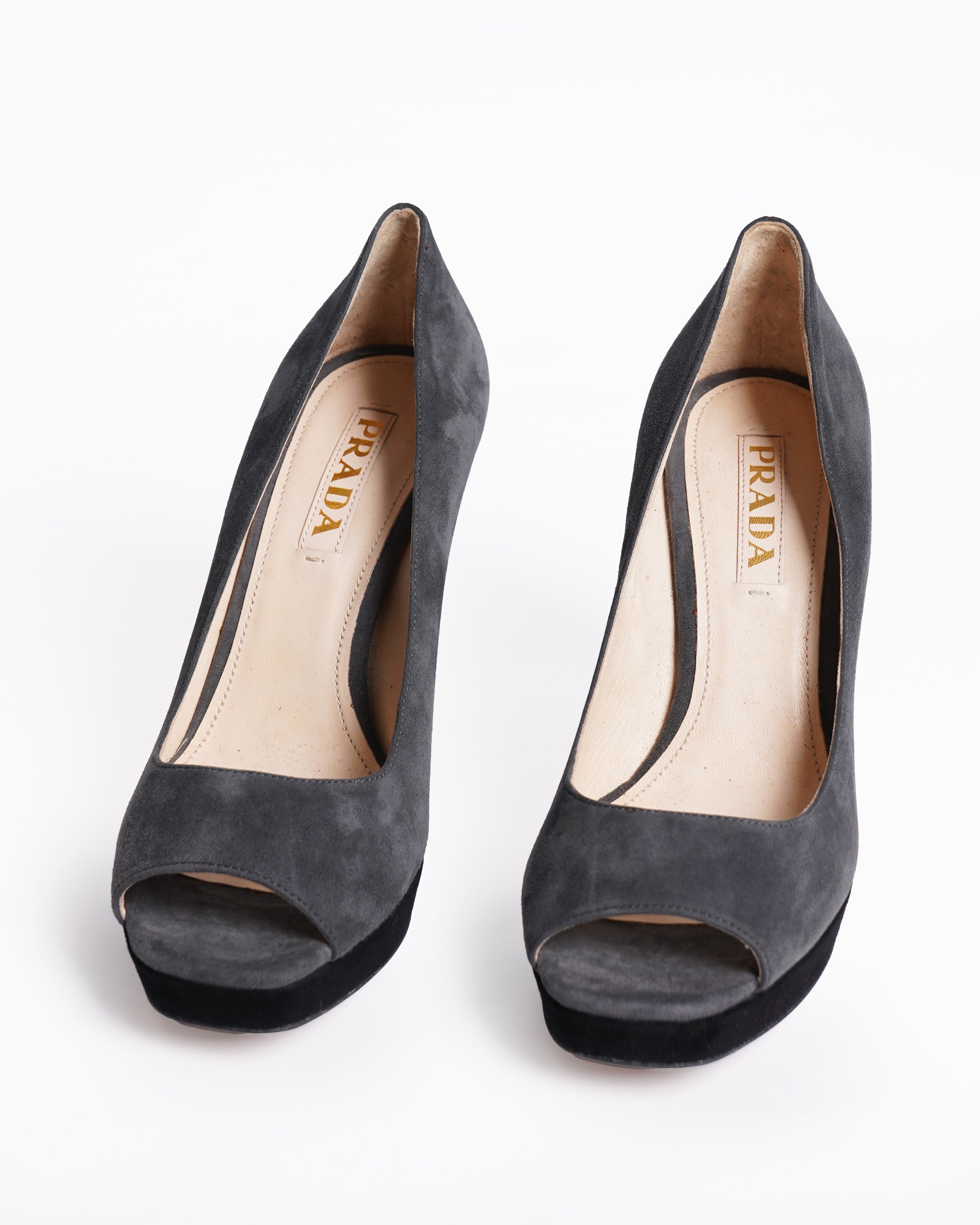 Prada Grey Suede Peep Toe Pumps