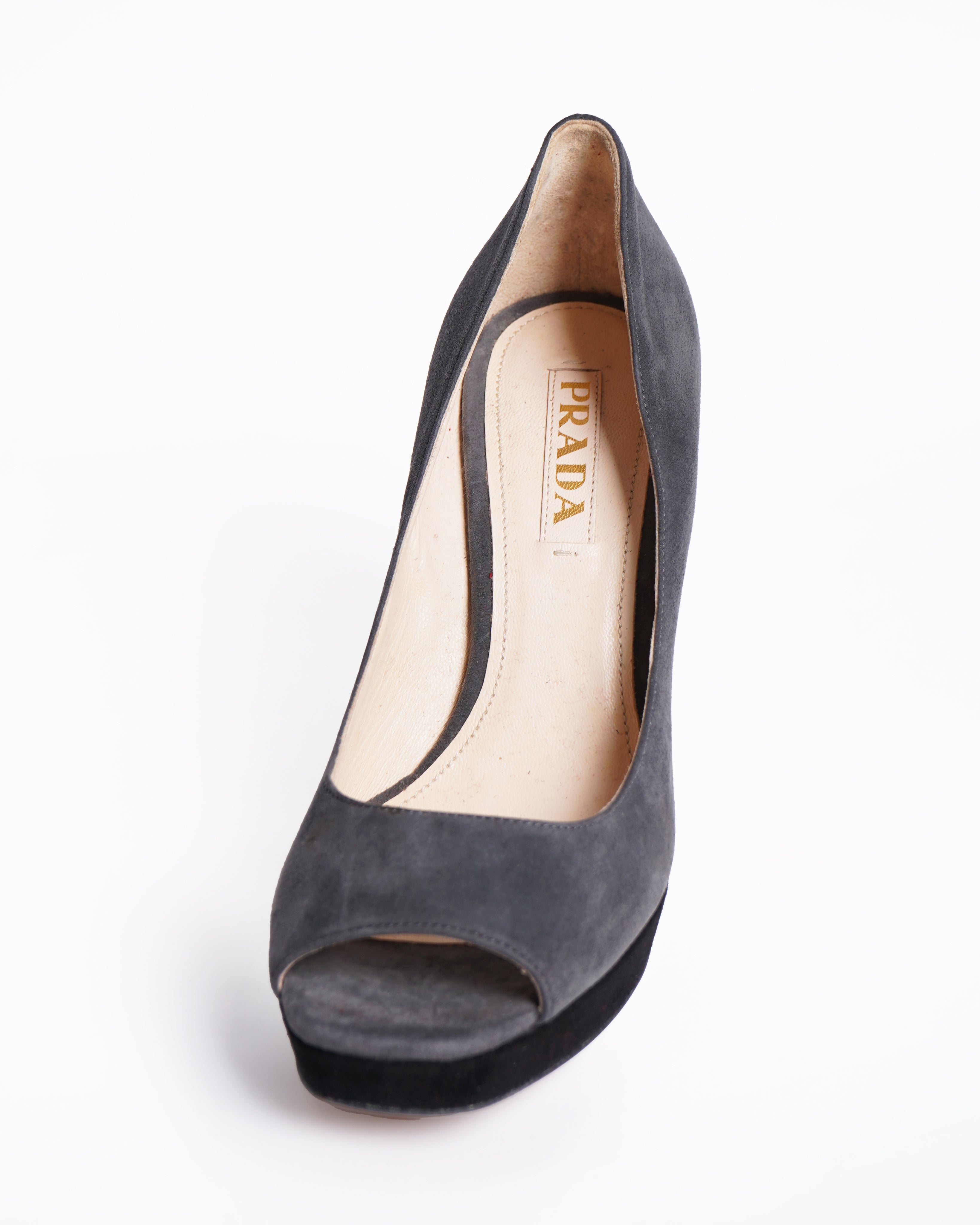 Prada Grey Suede Peep Toe Pumps