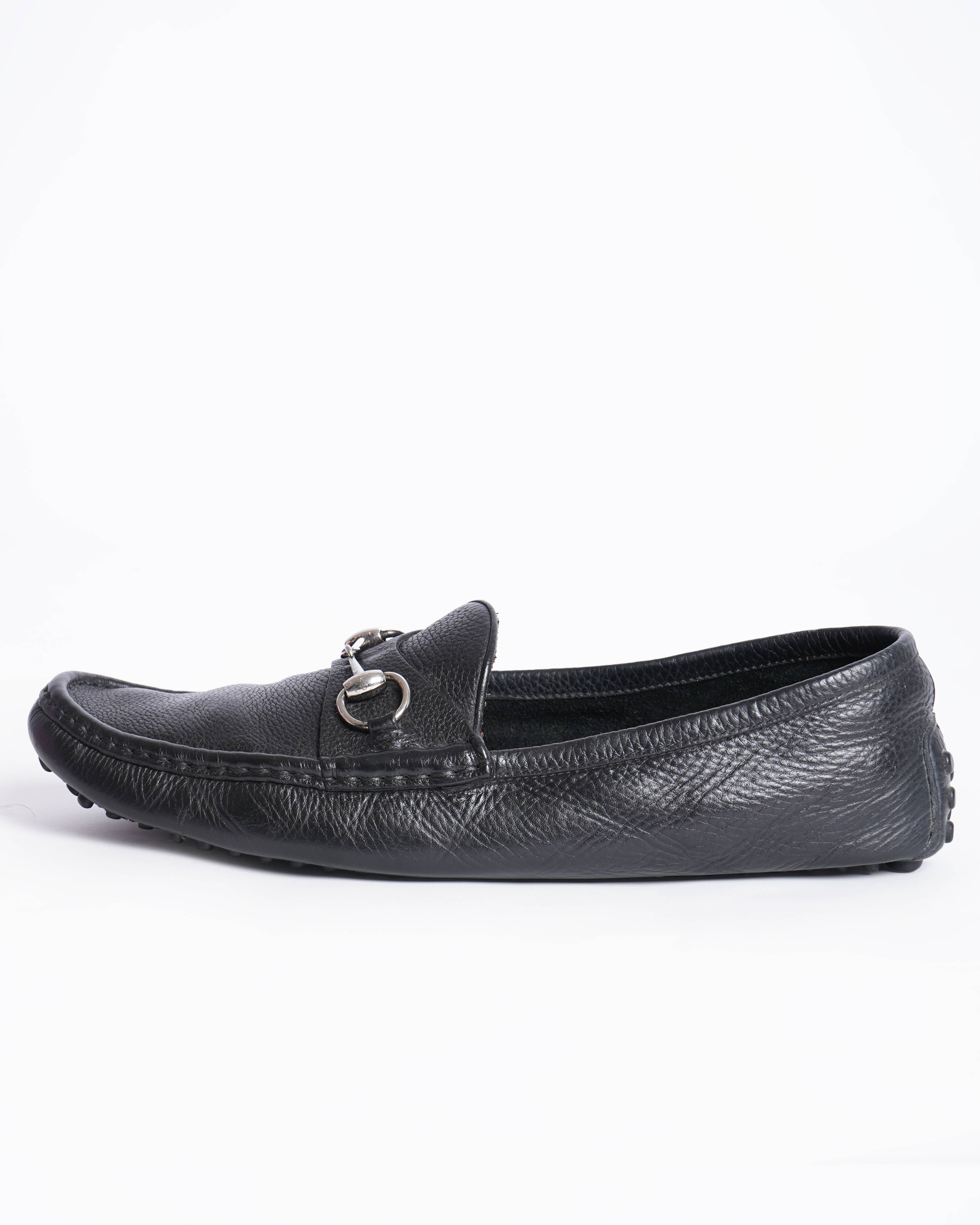 Gucci Men's Drivers Loafers In Black WIth Metal Detailing On Toe Box