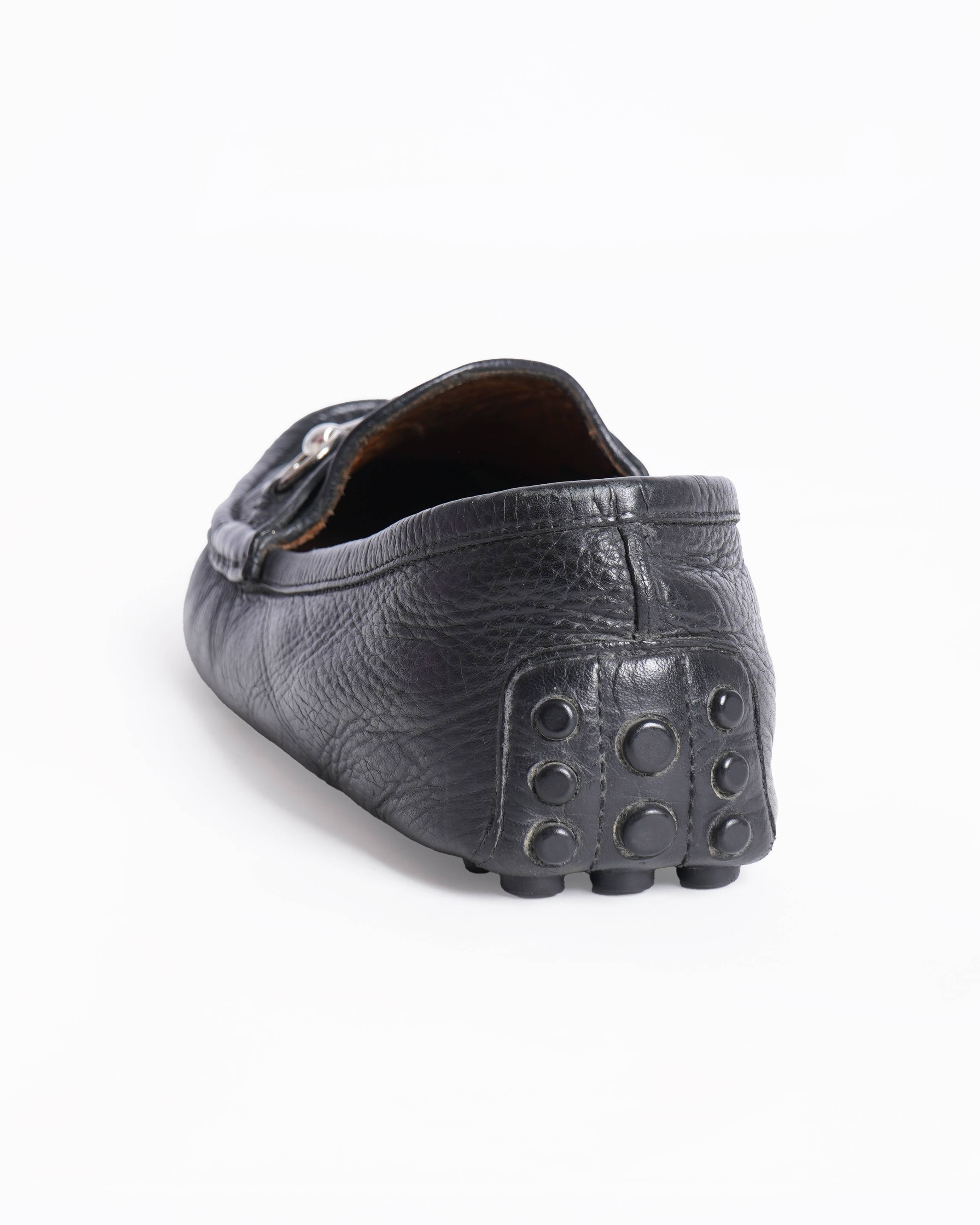 Gucci Men's Drivers Loafers In Black WIth Metal Detailing On Toe Box