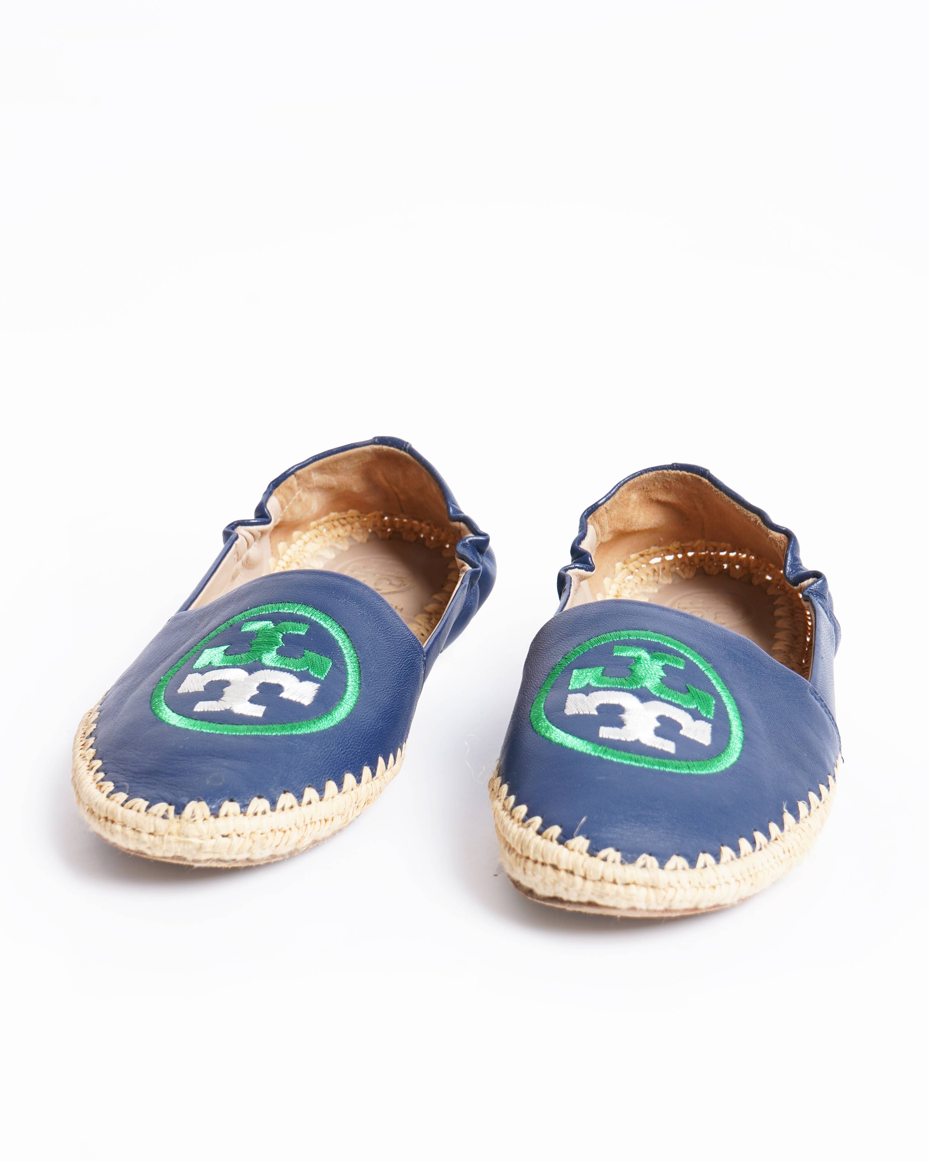 Tory Burch Navy Blue Leather Espadrille Flats