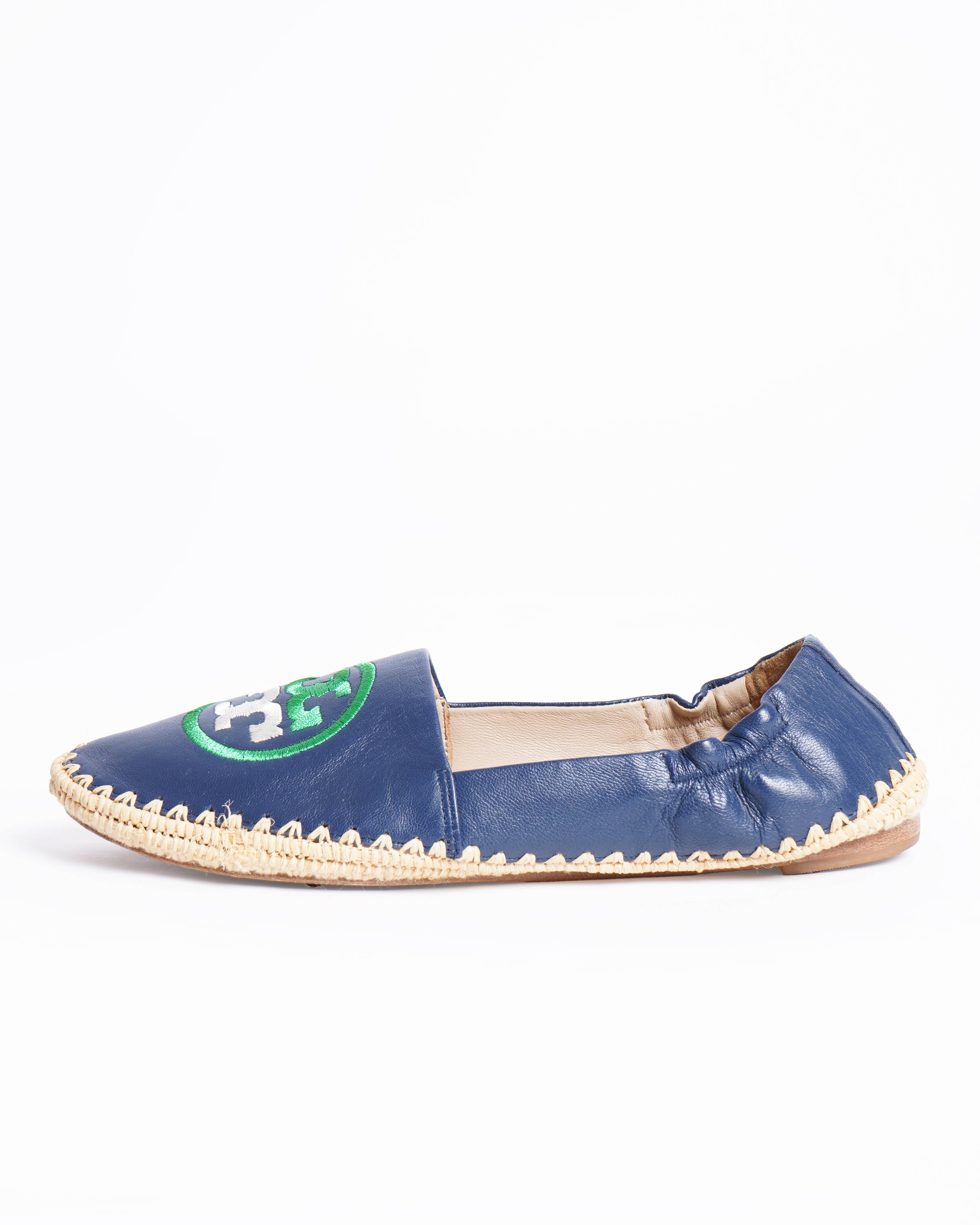 Tory Burch Navy Blue Leather Espadrille Flats