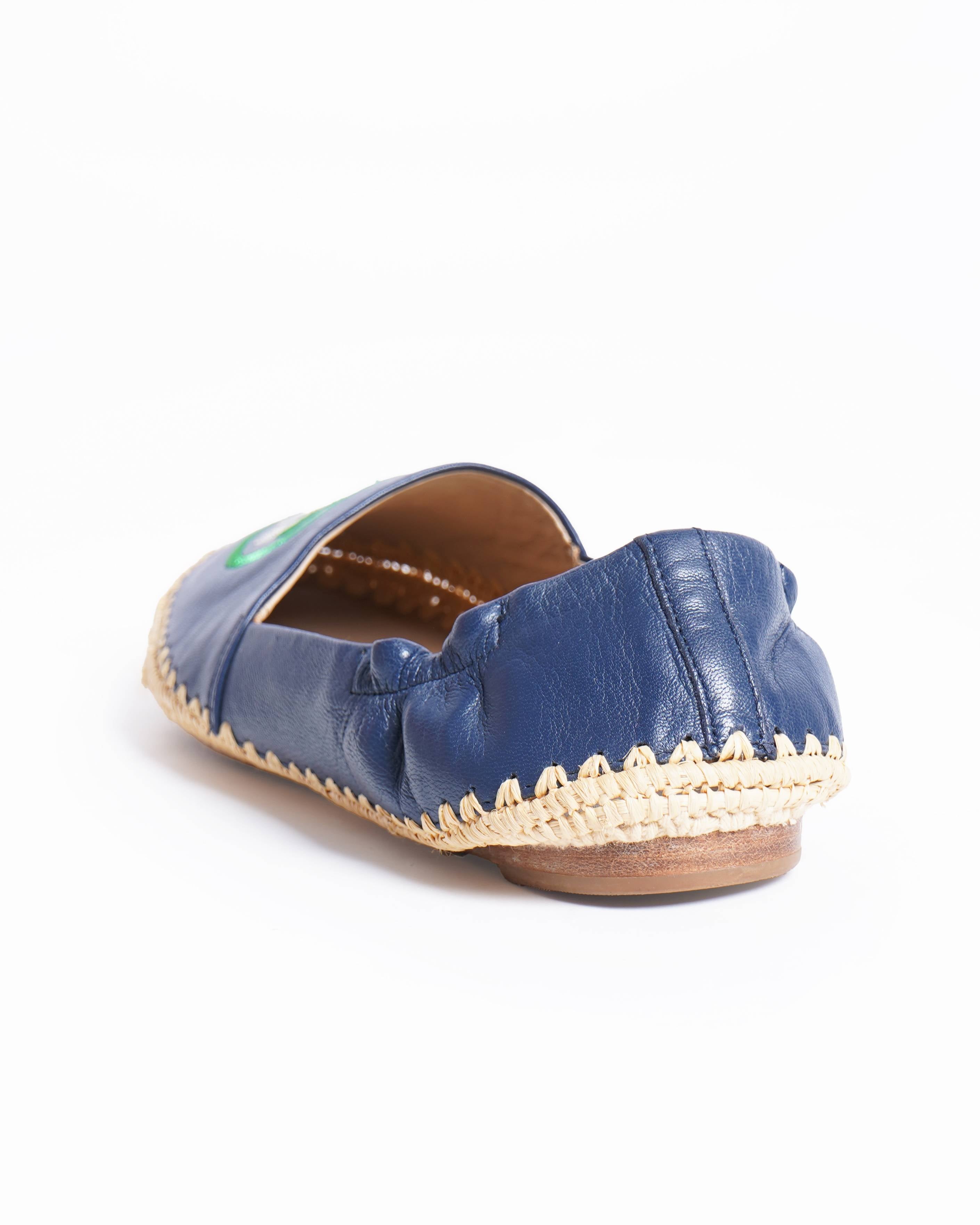 Tory Burch Navy Blue Leather Espadrille Flats