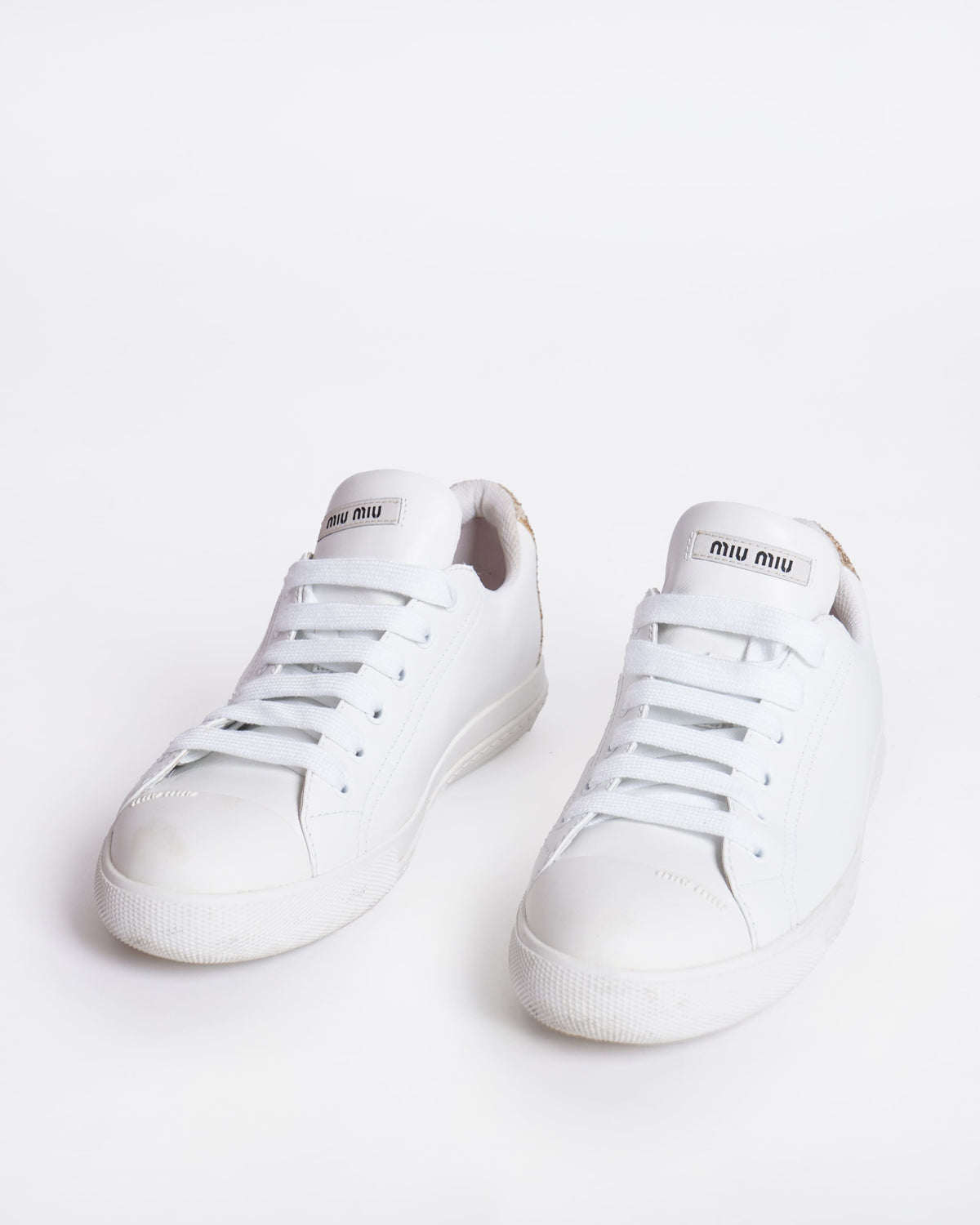 Miu miu white lace up sneakers with gold glitter