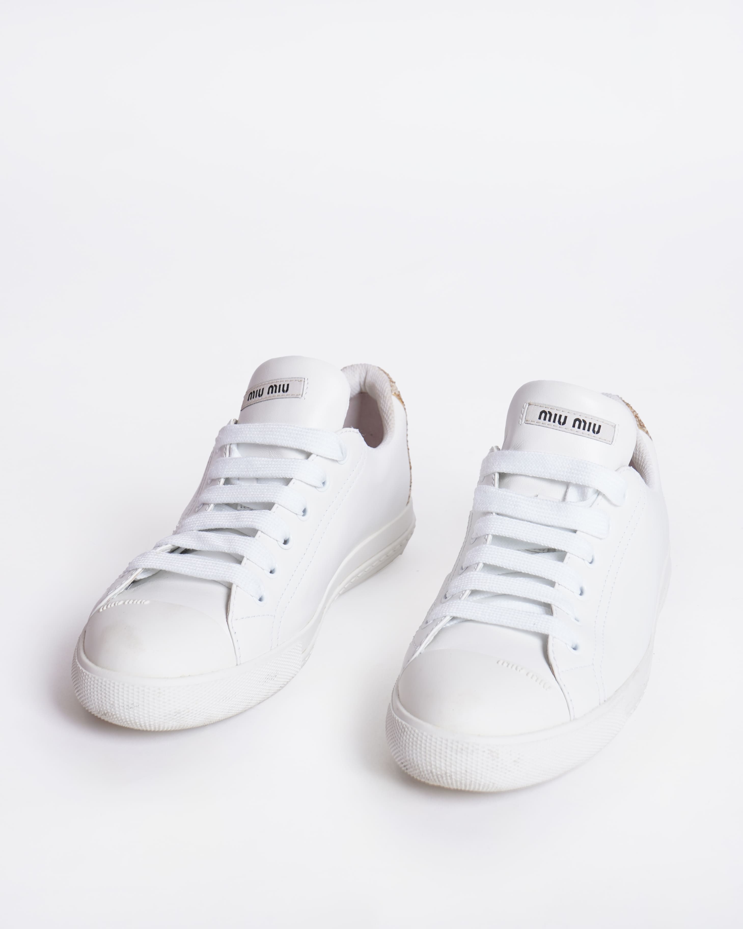 Miu miu white lace up sneakers with gold glitter