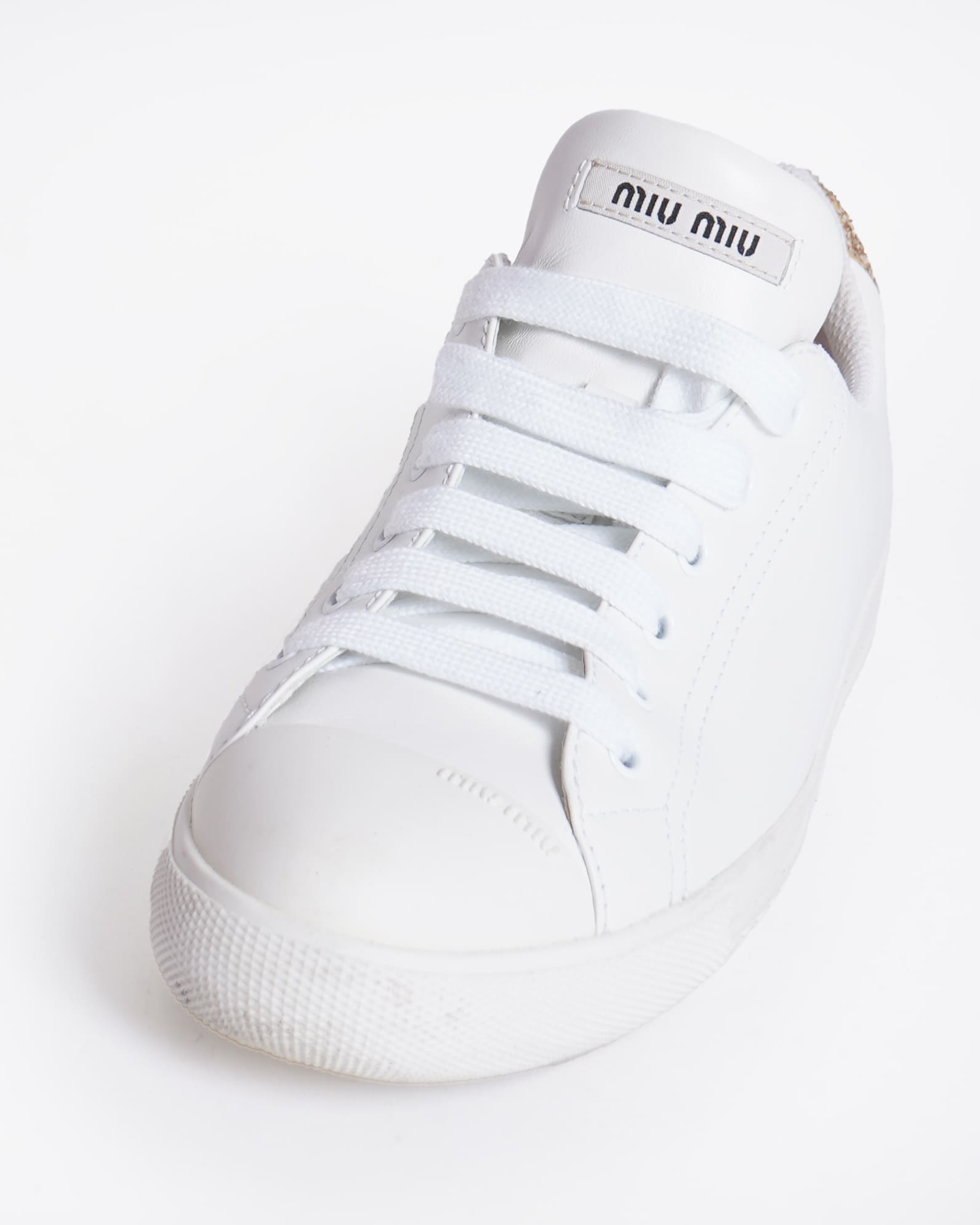 Miu miu white lace up sneakers with gold glitter