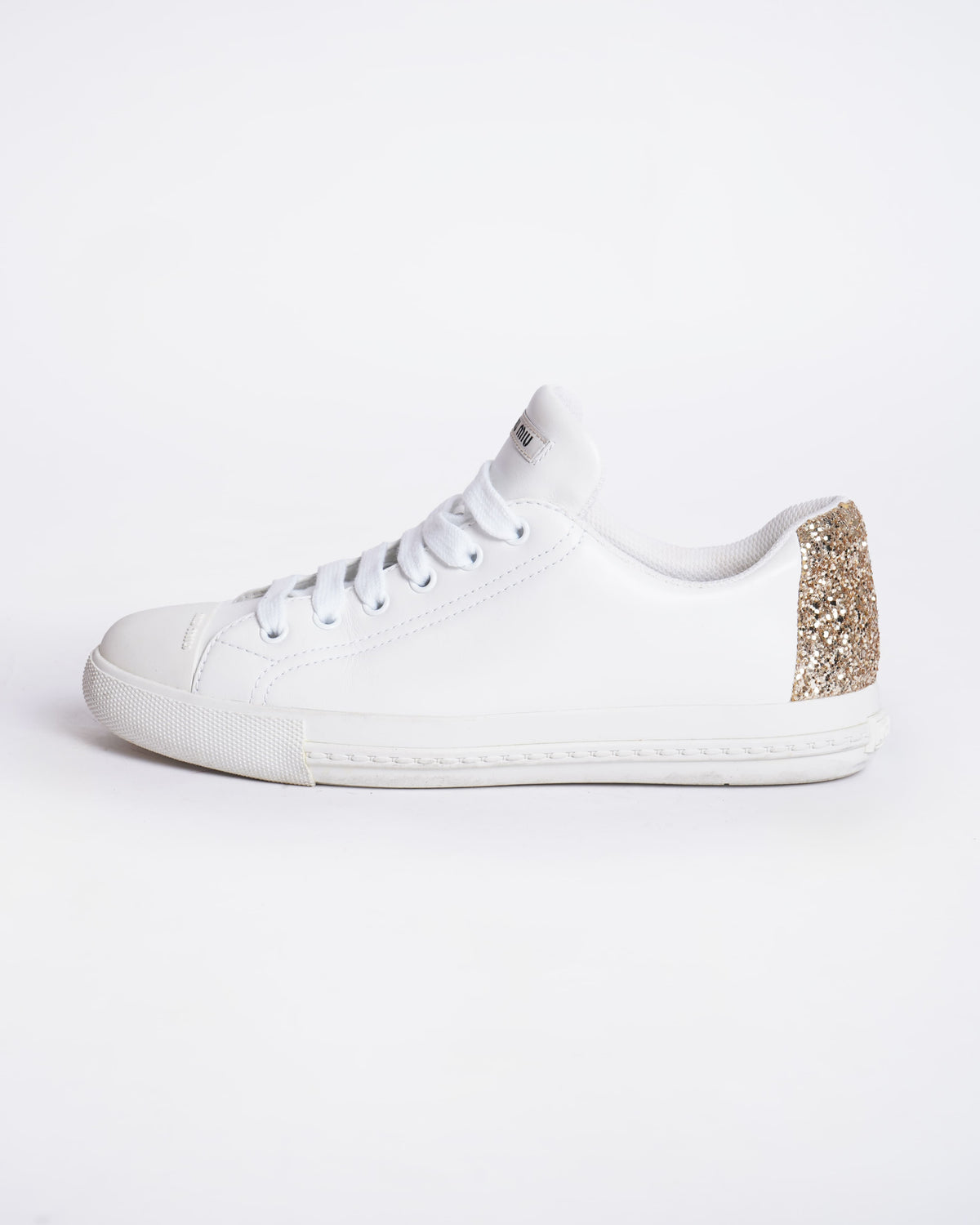 Miu miu white lace up sneakers with gold glitter
