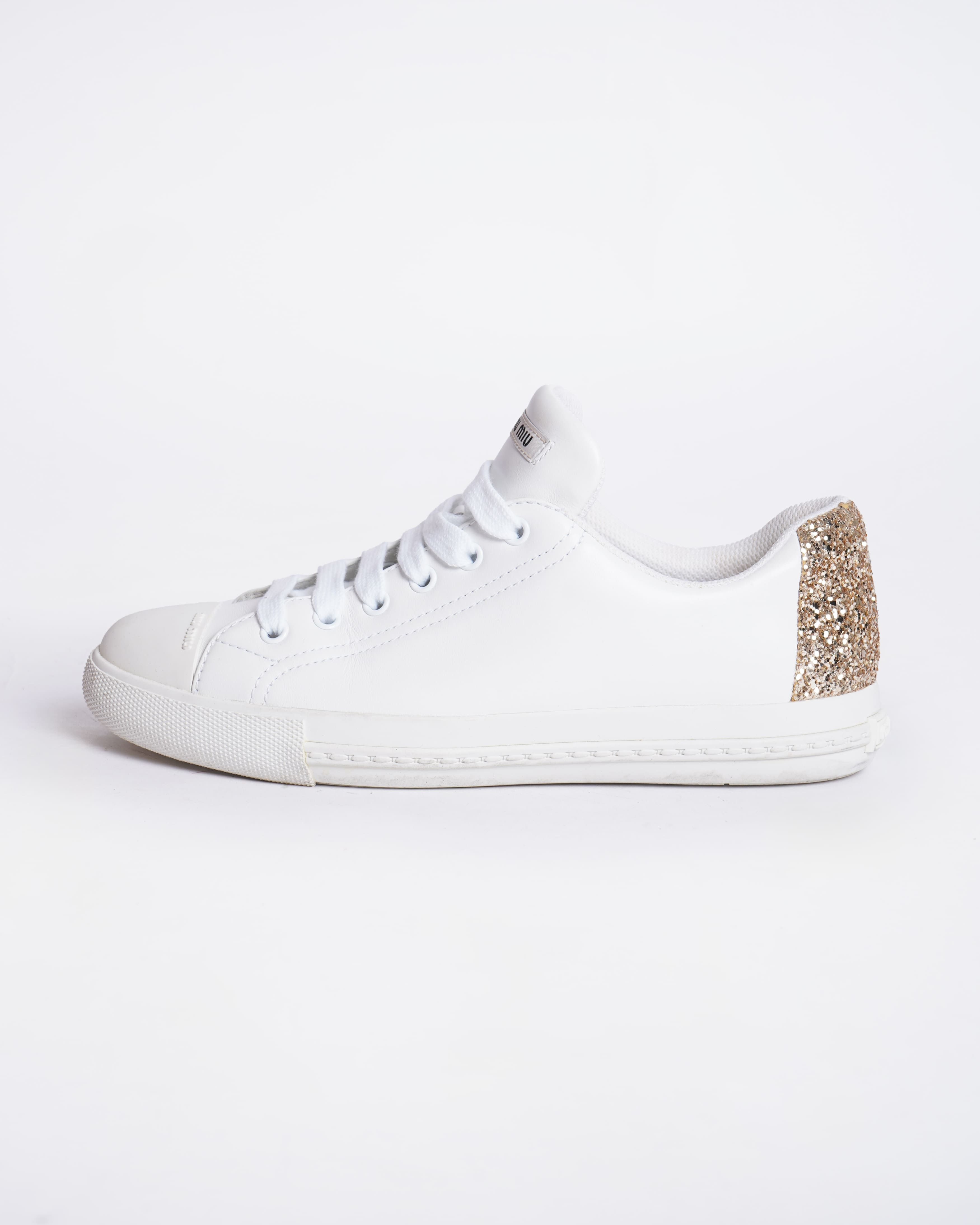 Miu miu white lace up sneakers with gold glitter