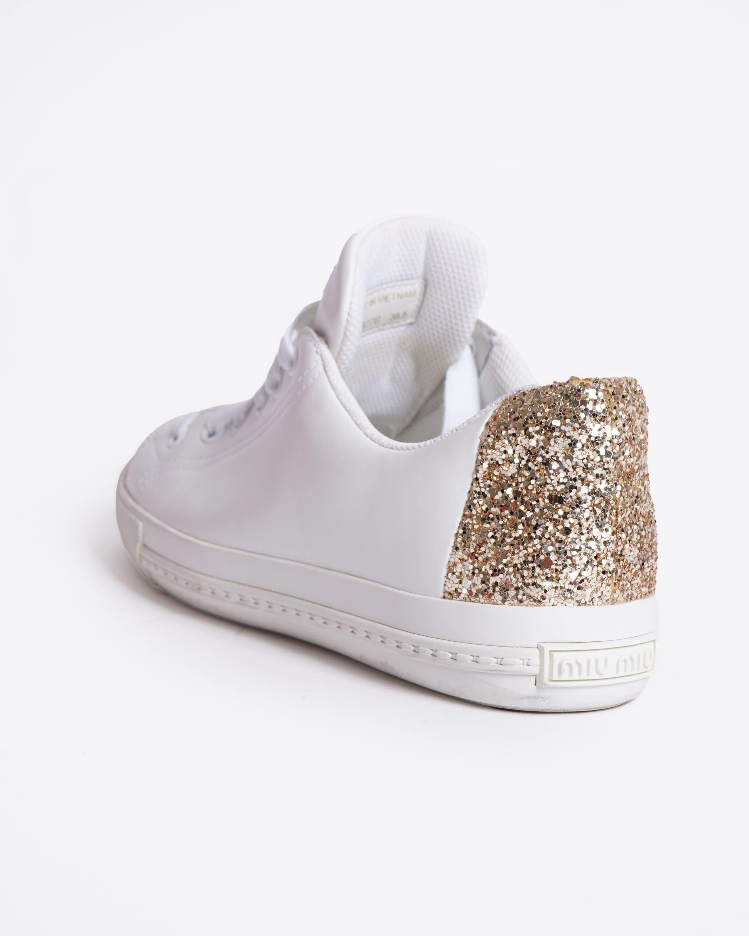 Miu miu white lace up sneakers with gold glitter