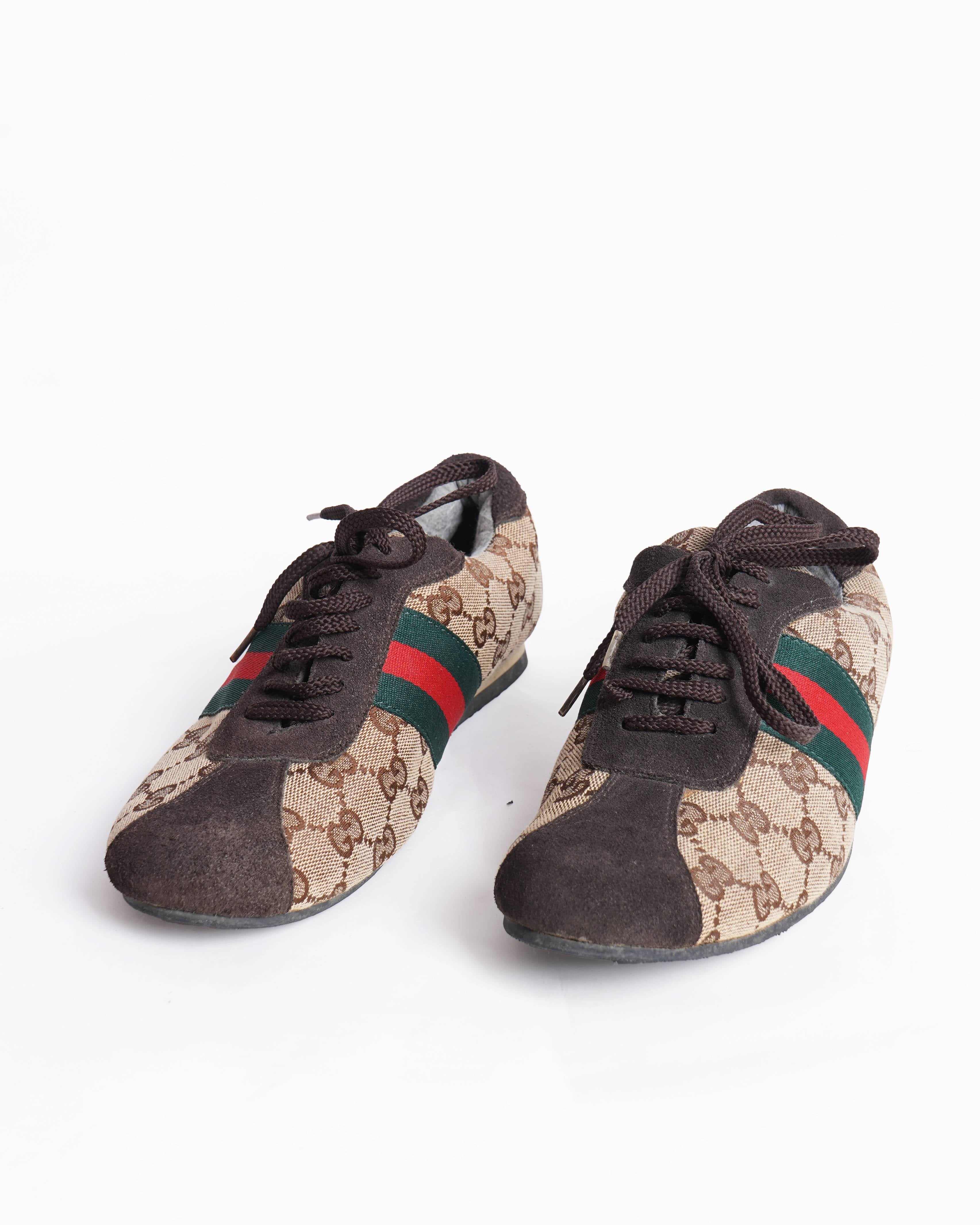 Gucci Monogram Canvas & Suede Lace Up Sneakers