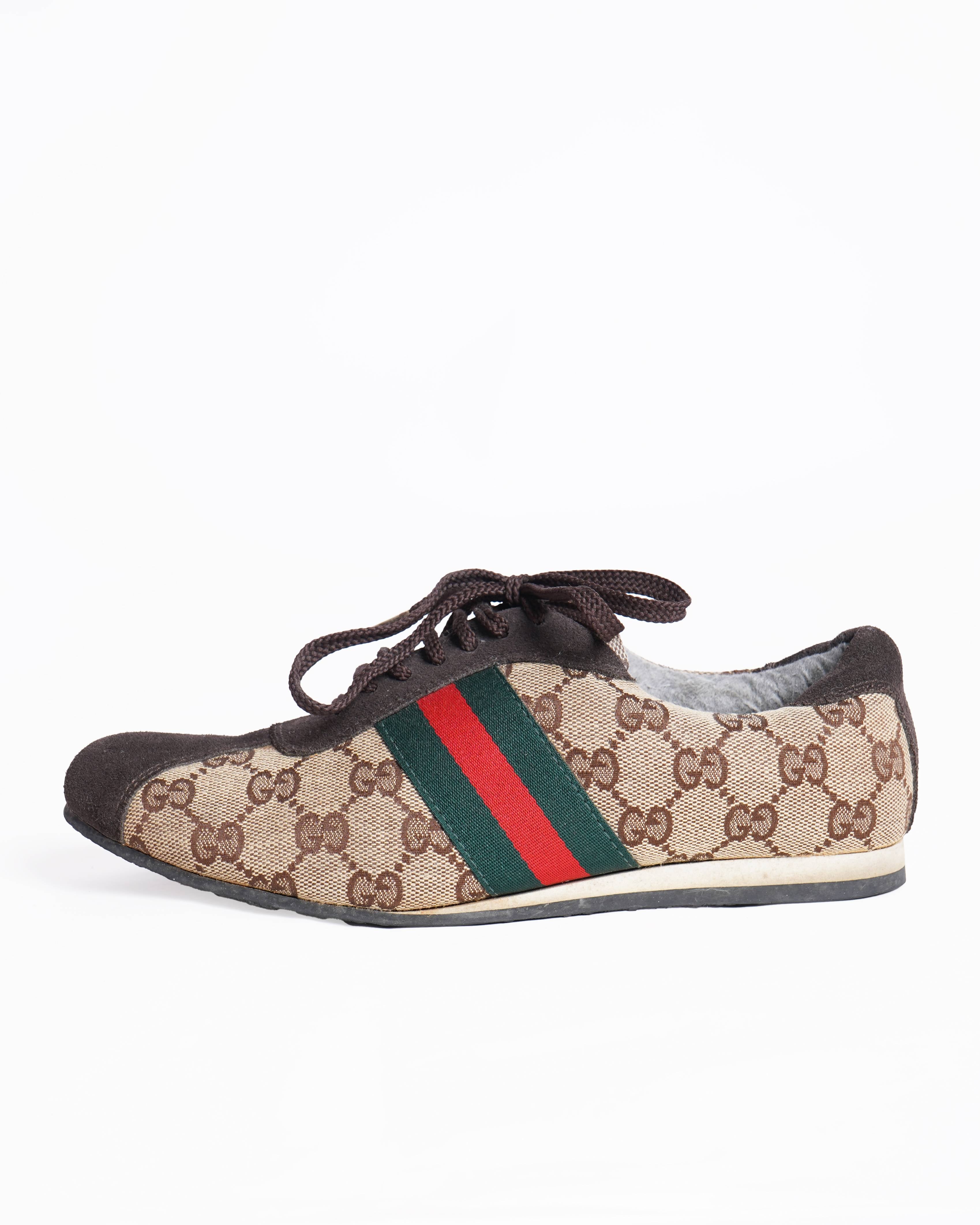 Gucci Monogram Canvas & Suede Lace Up Sneakers