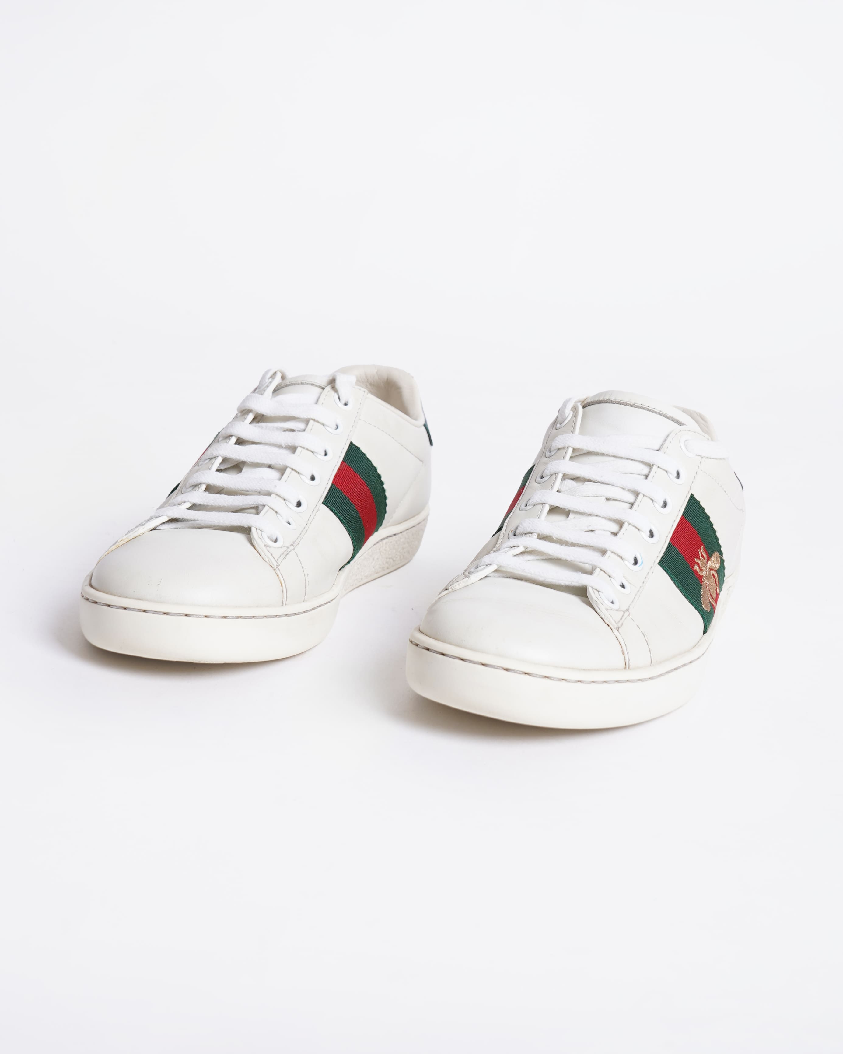 Gucci Ace White Leather Sneakers With Signature Canvas Stripes Women's