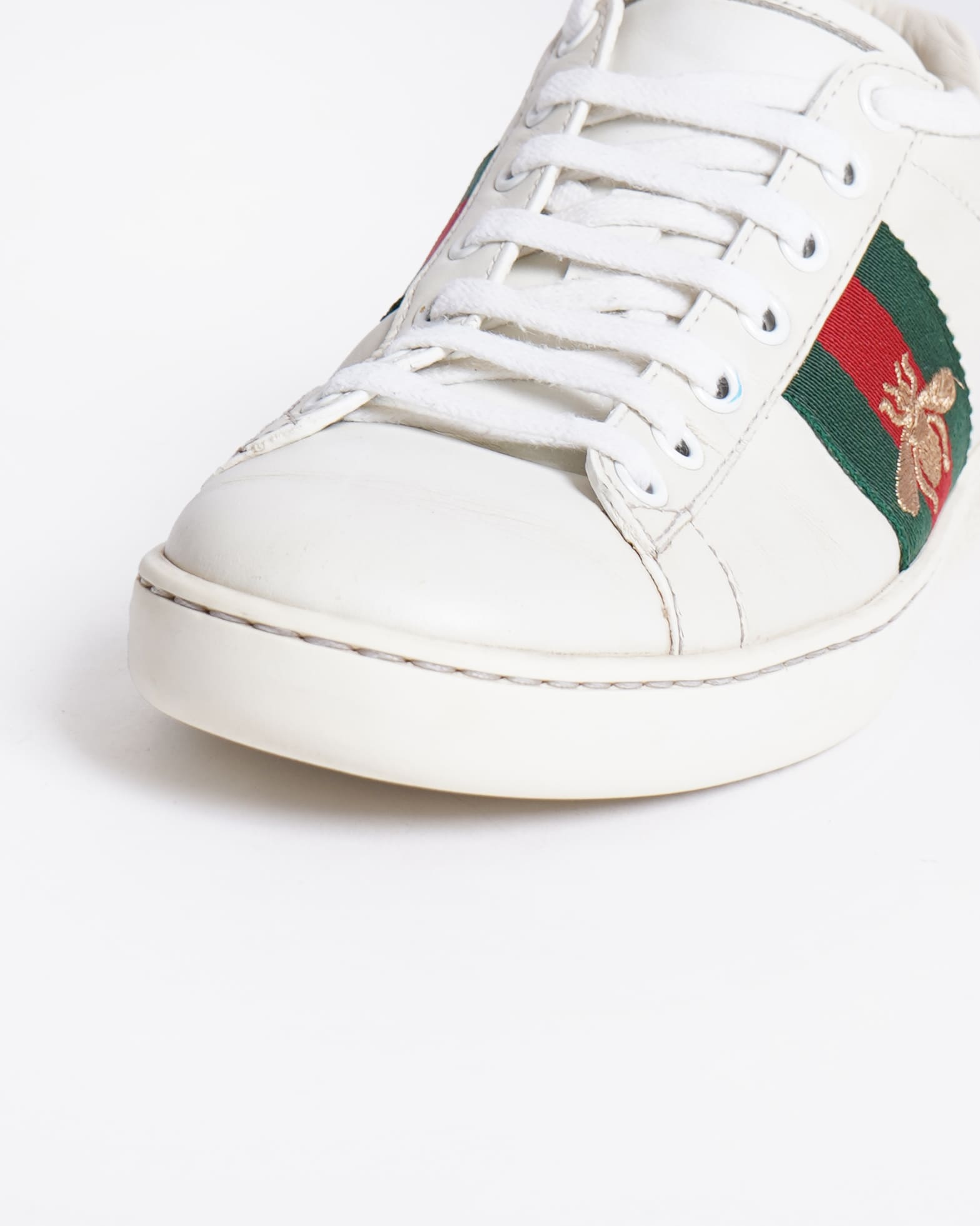 Gucci Ace White Leather Sneakers With Signature Canvas Stripes Women's