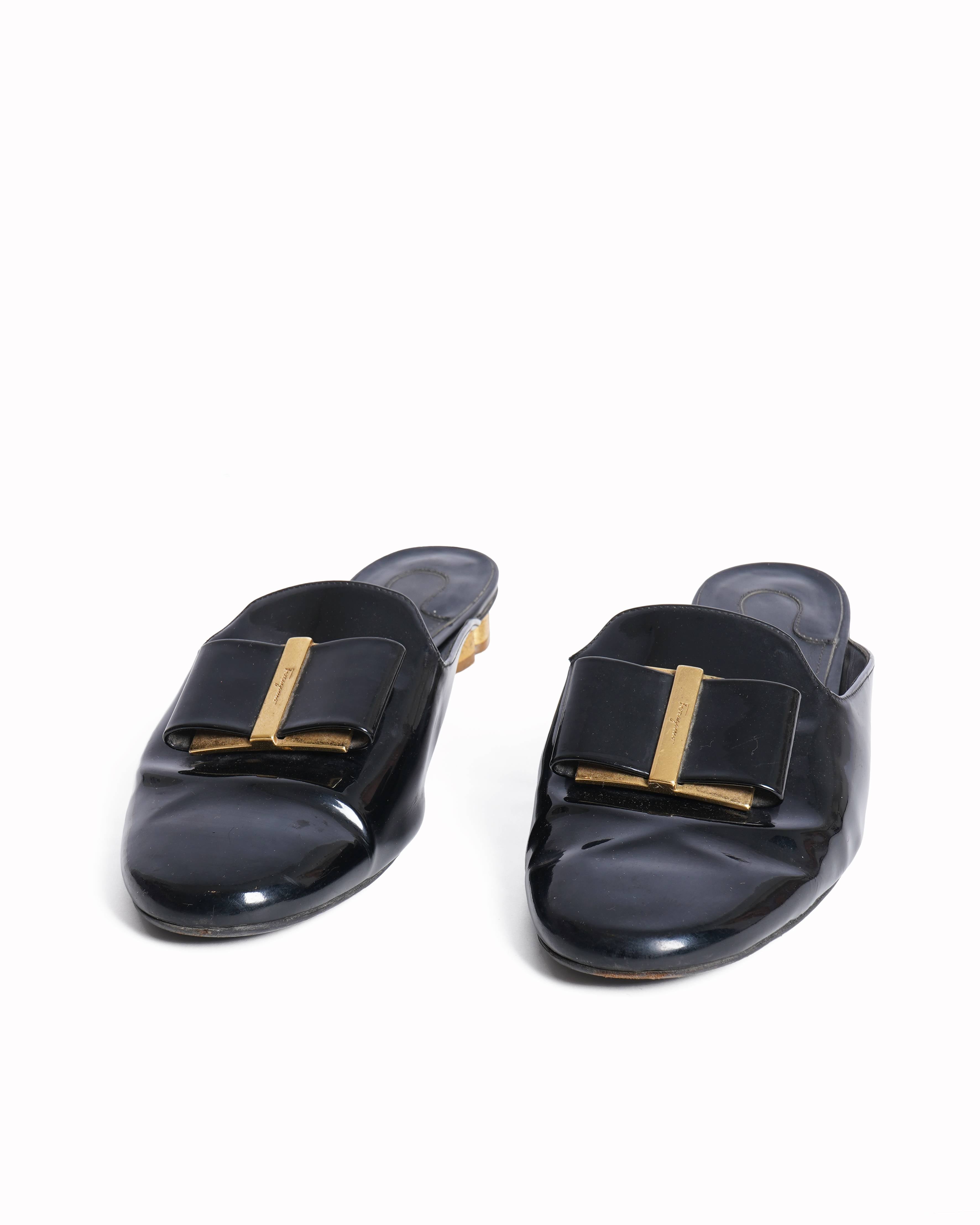 Salvatore Ferragamo Flower Black Patent Leather Mules