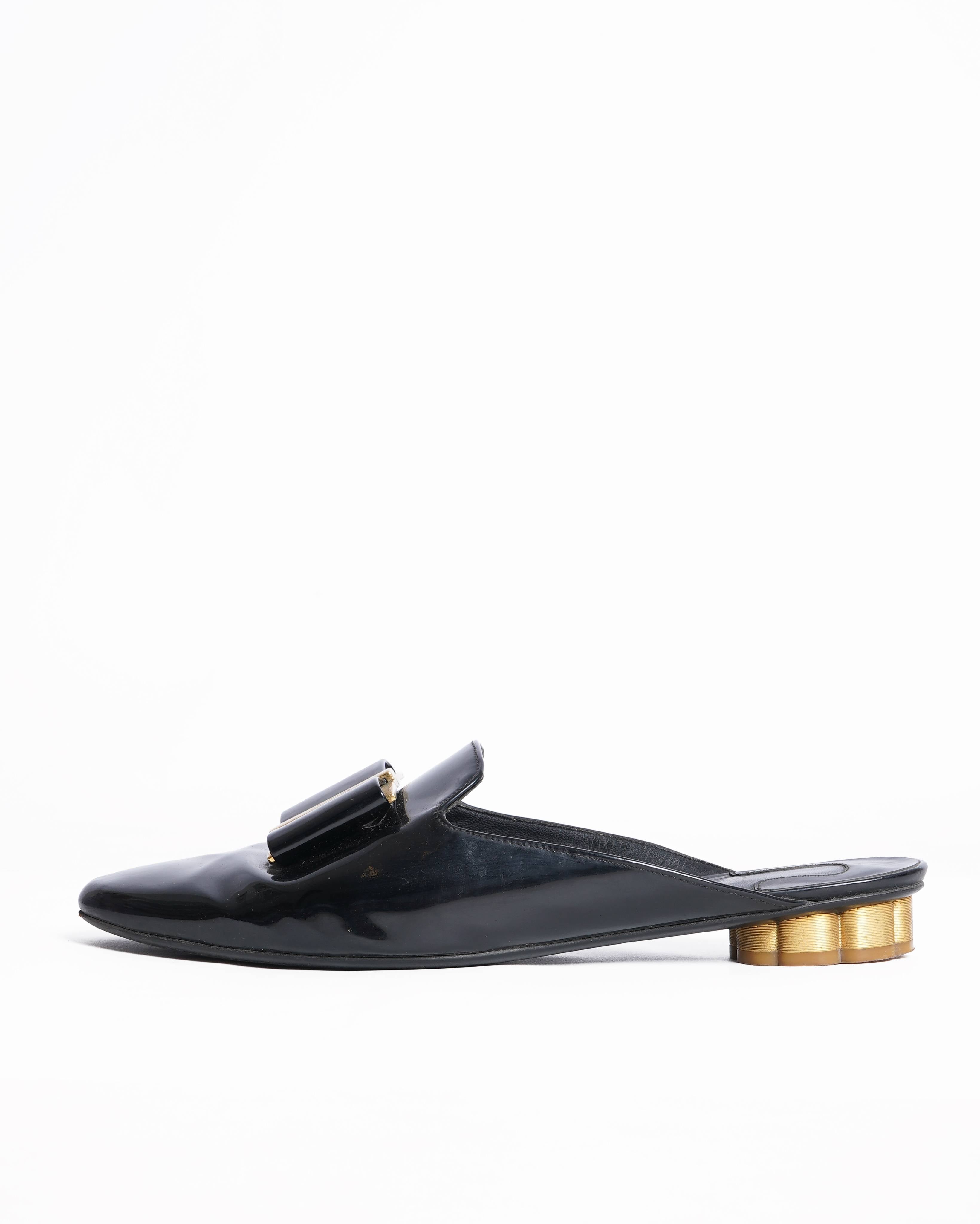 Salvatore Ferragamo Flower Black Patent Leather Mules