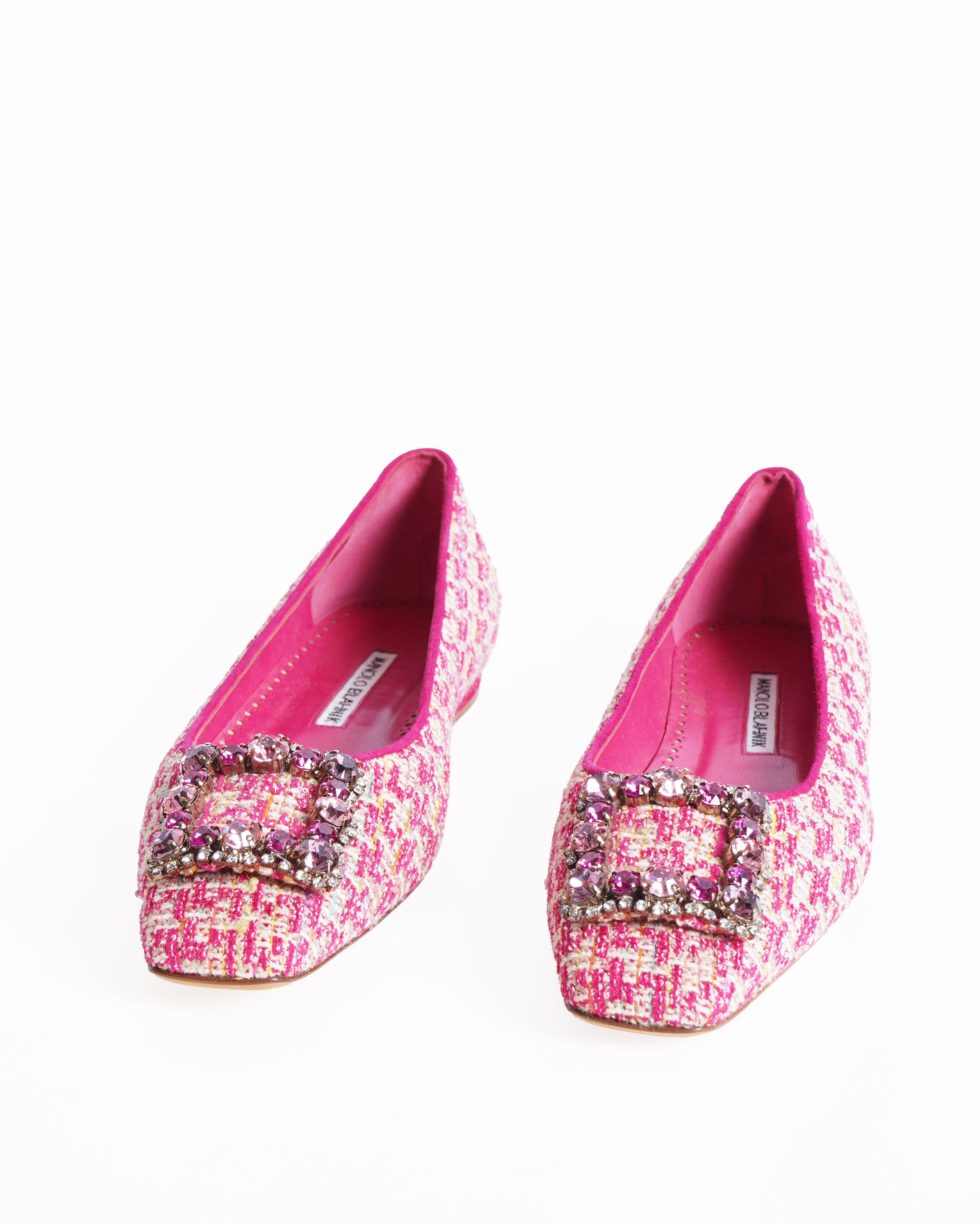 New Manolo Blahnik Caza Pink Tweed Crystal Hangisi Buckle Ballet Flat