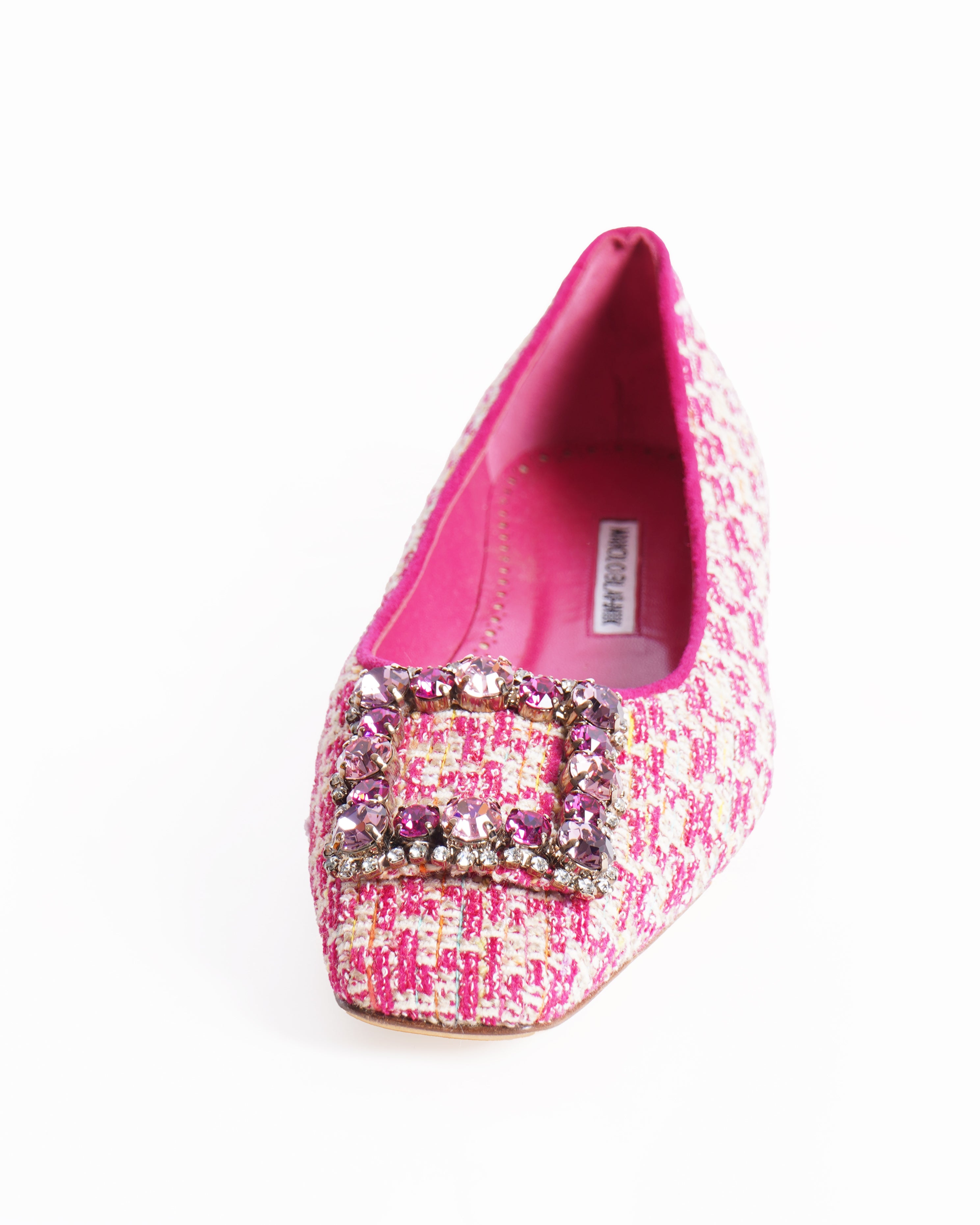 New Manolo Blahnik Caza Pink Tweed Crystal Hangisi Buckle Ballet Flat