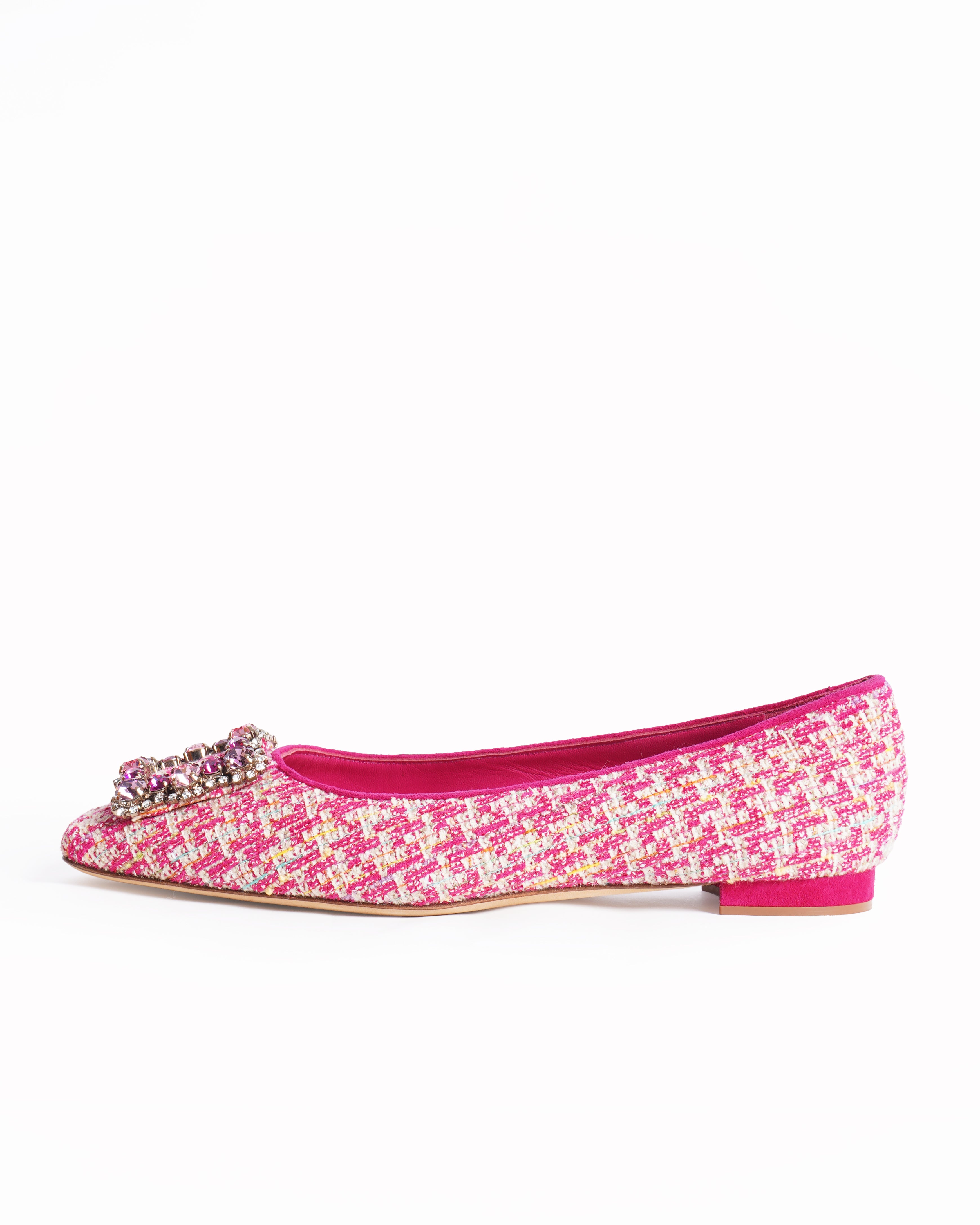 New Manolo Blahnik Caza Pink Tweed Crystal Hangisi Buckle Ballet Flat