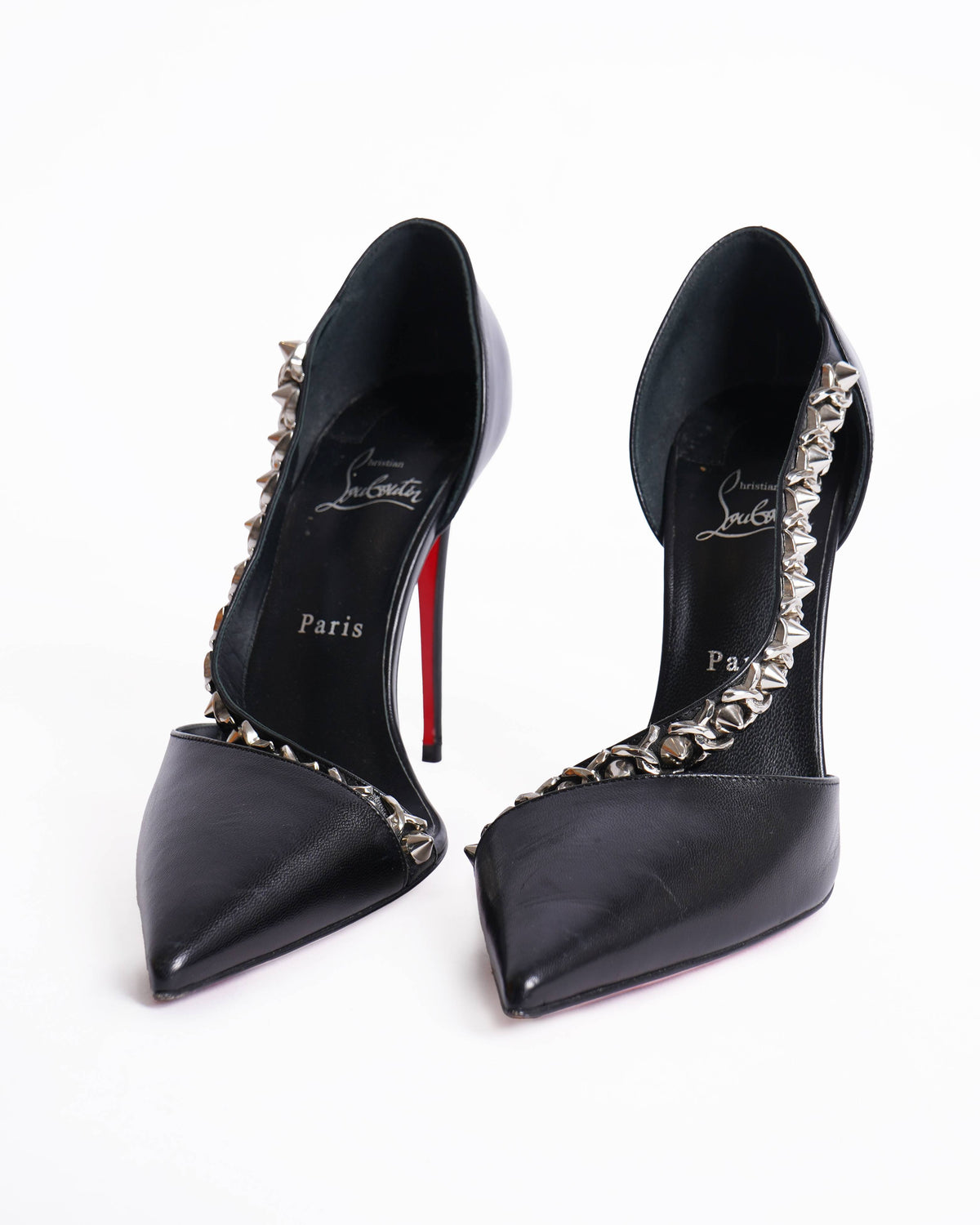 New Christian Louboutin Deomine Chain Black Spike STud Cross Strap Heel Pumps