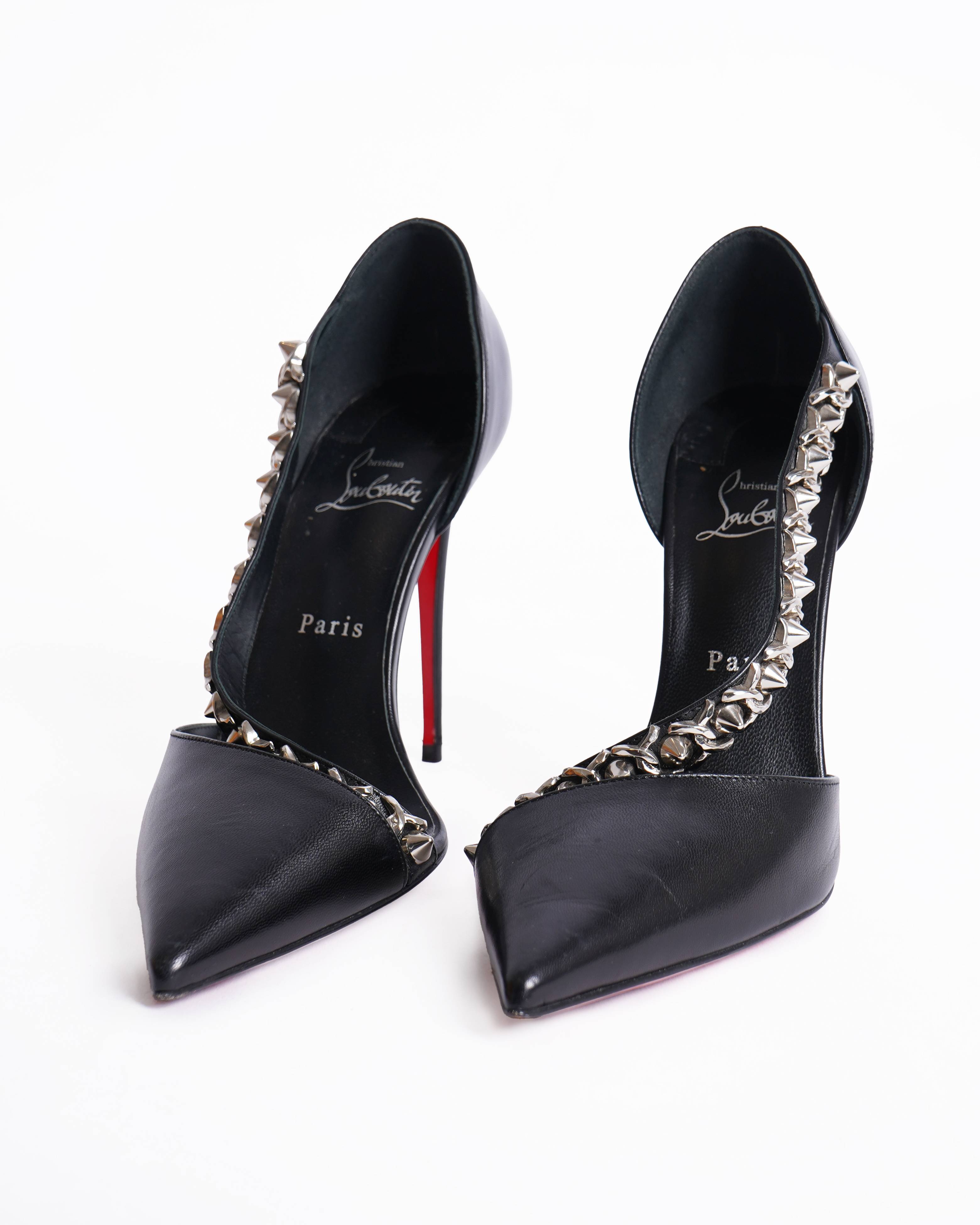 New Christian Louboutin Deomine Chain Black Spike STud Cross Strap Heel Pumps