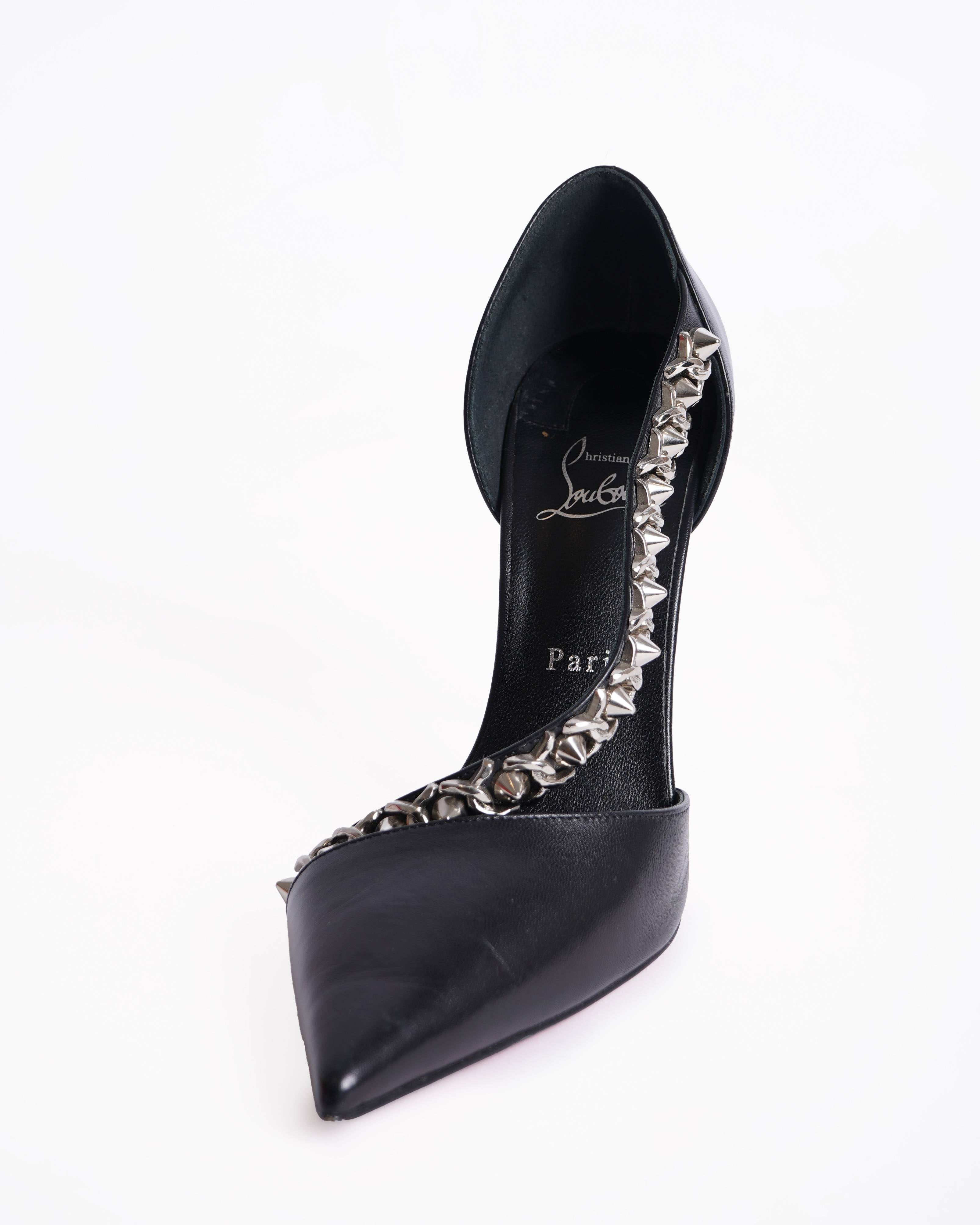 New Christian Louboutin Deomine Chain Black Spike STud Cross Strap Heel Pumps