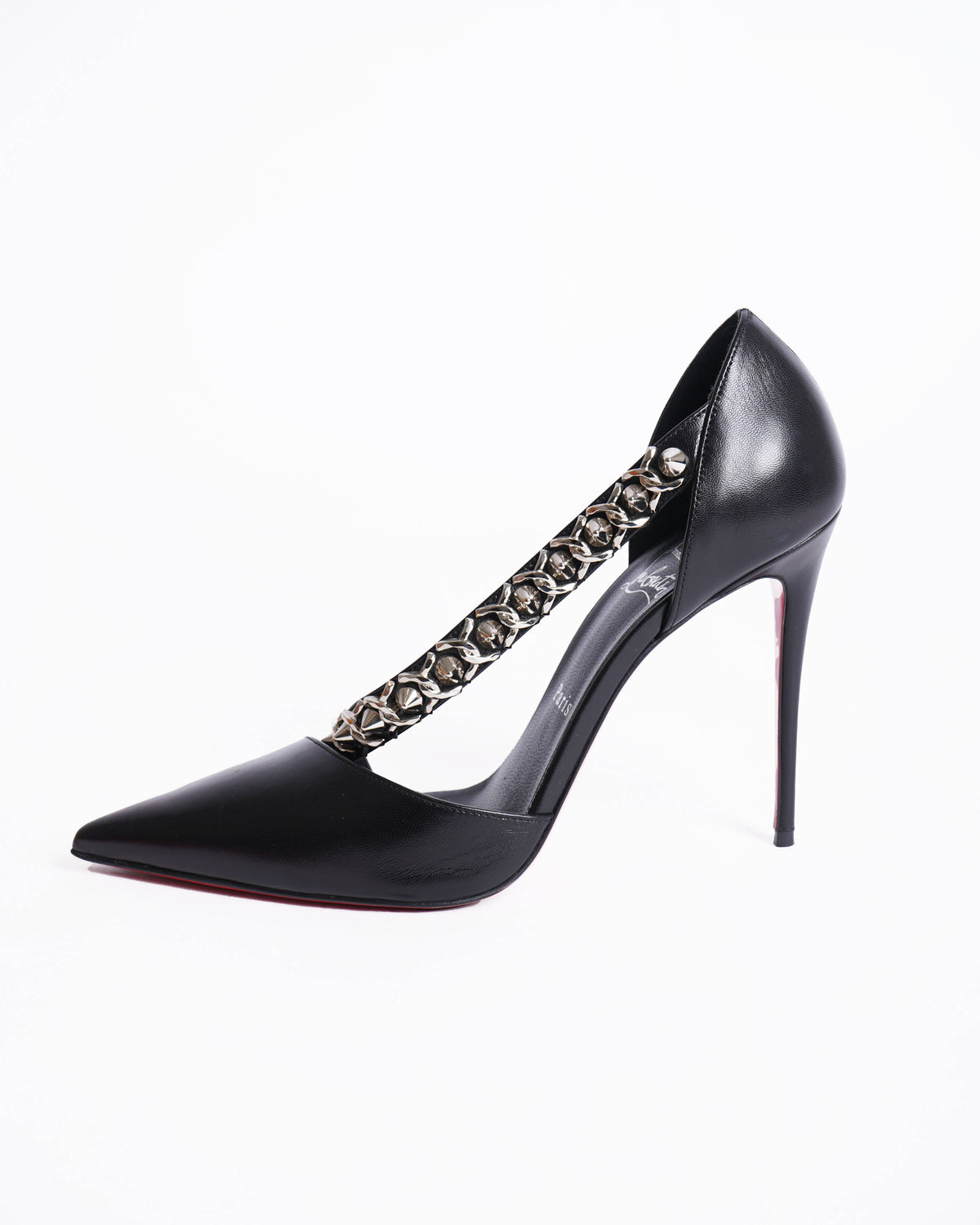New Christian Louboutin Deomine Chain Black Spike STud Cross Strap Heel Pumps