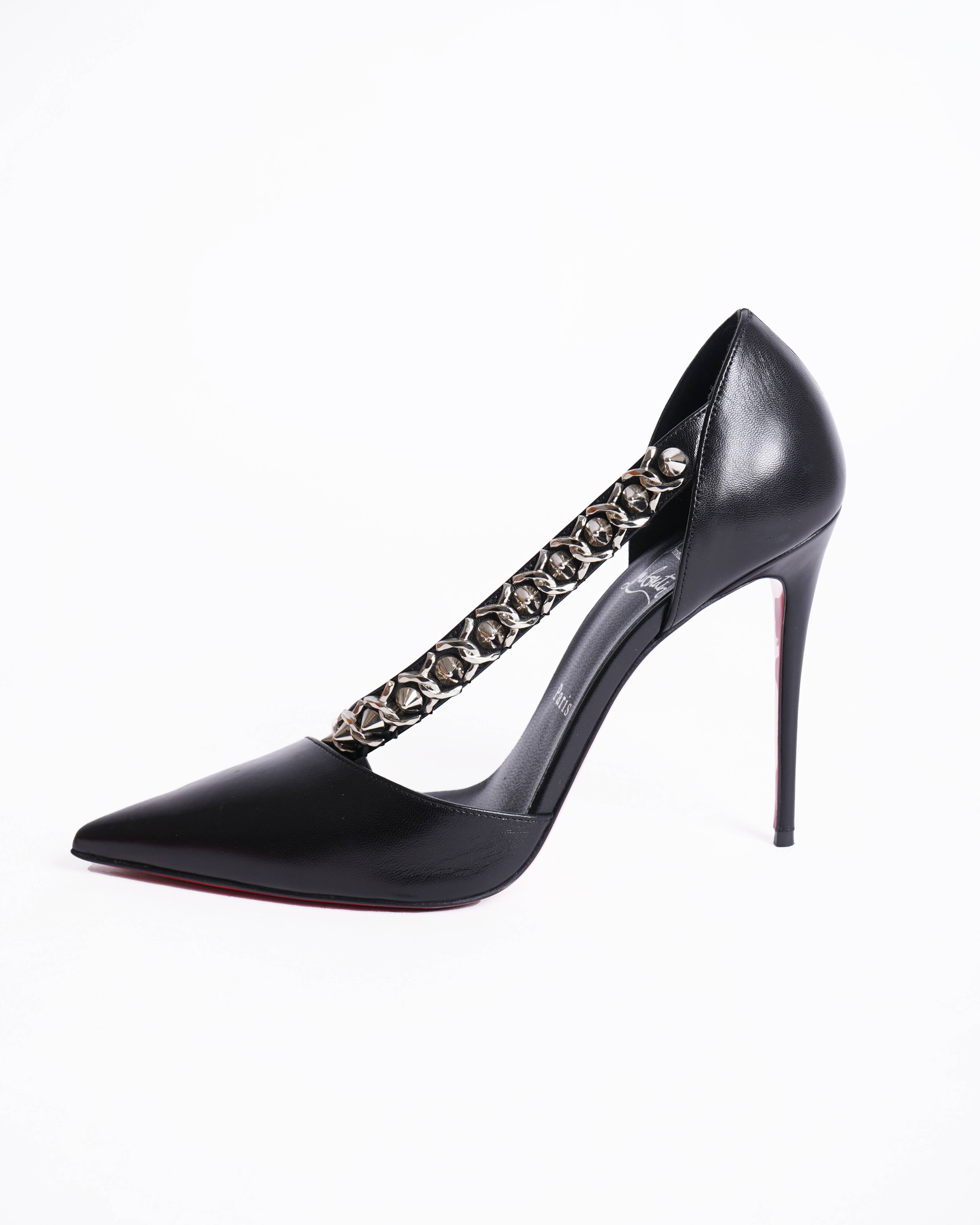 New Christian Louboutin Deomine Chain Black Spike STud Cross Strap Heel Pumps