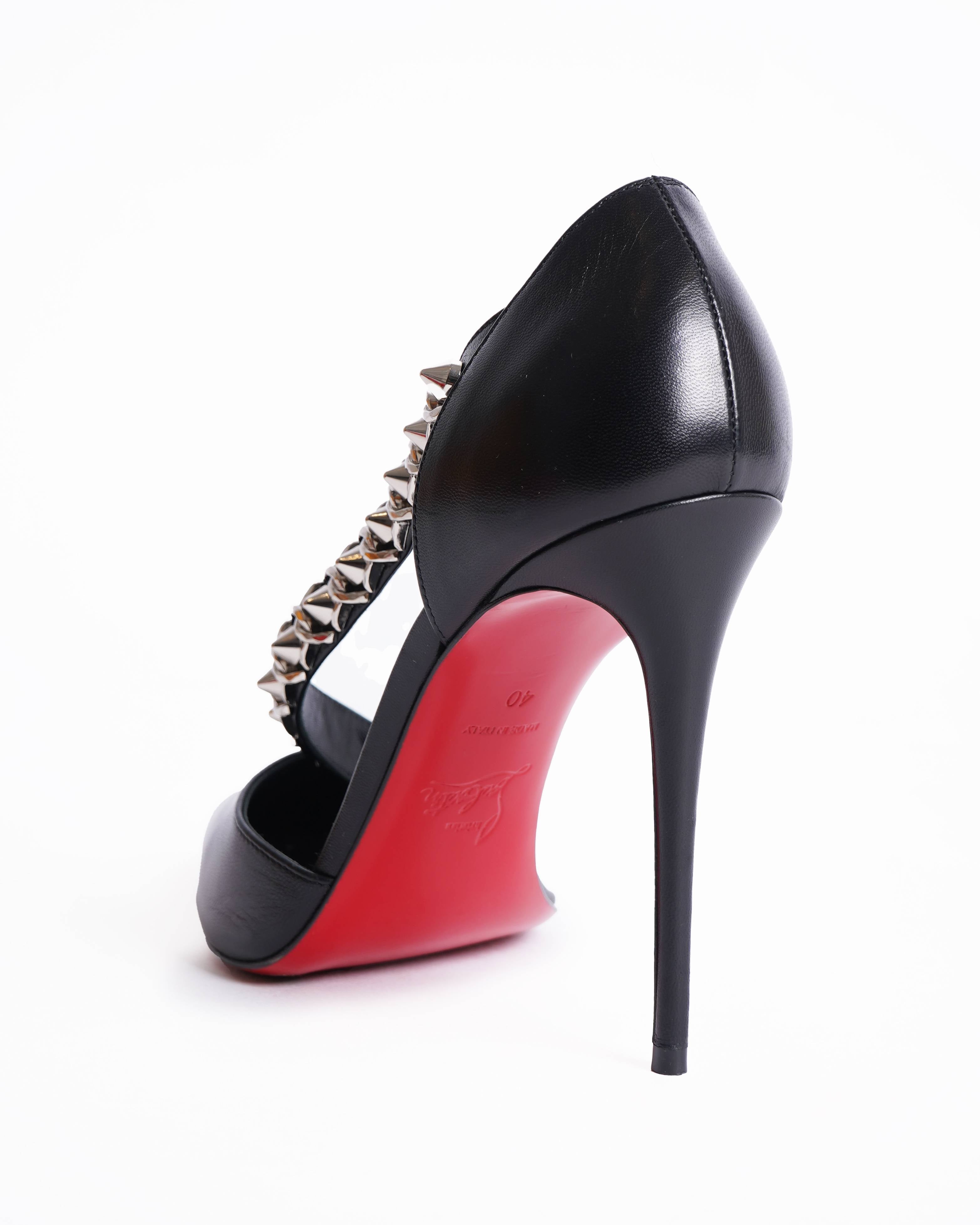 New Christian Louboutin Deomine Chain Black Spike STud Cross Strap Heel Pumps