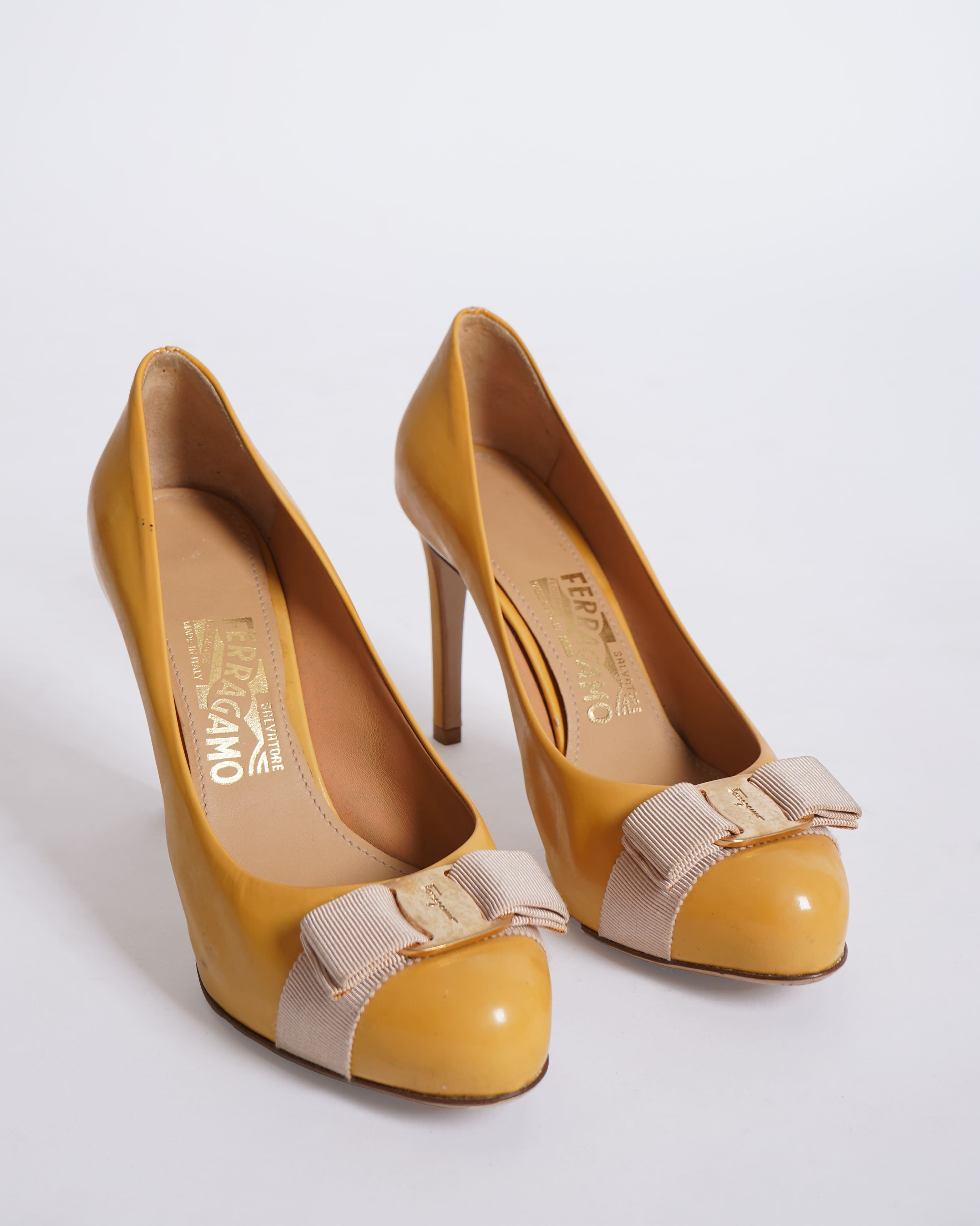 Salvatore Ferragamo Patent Leather Yellow Vara Bow Pumps