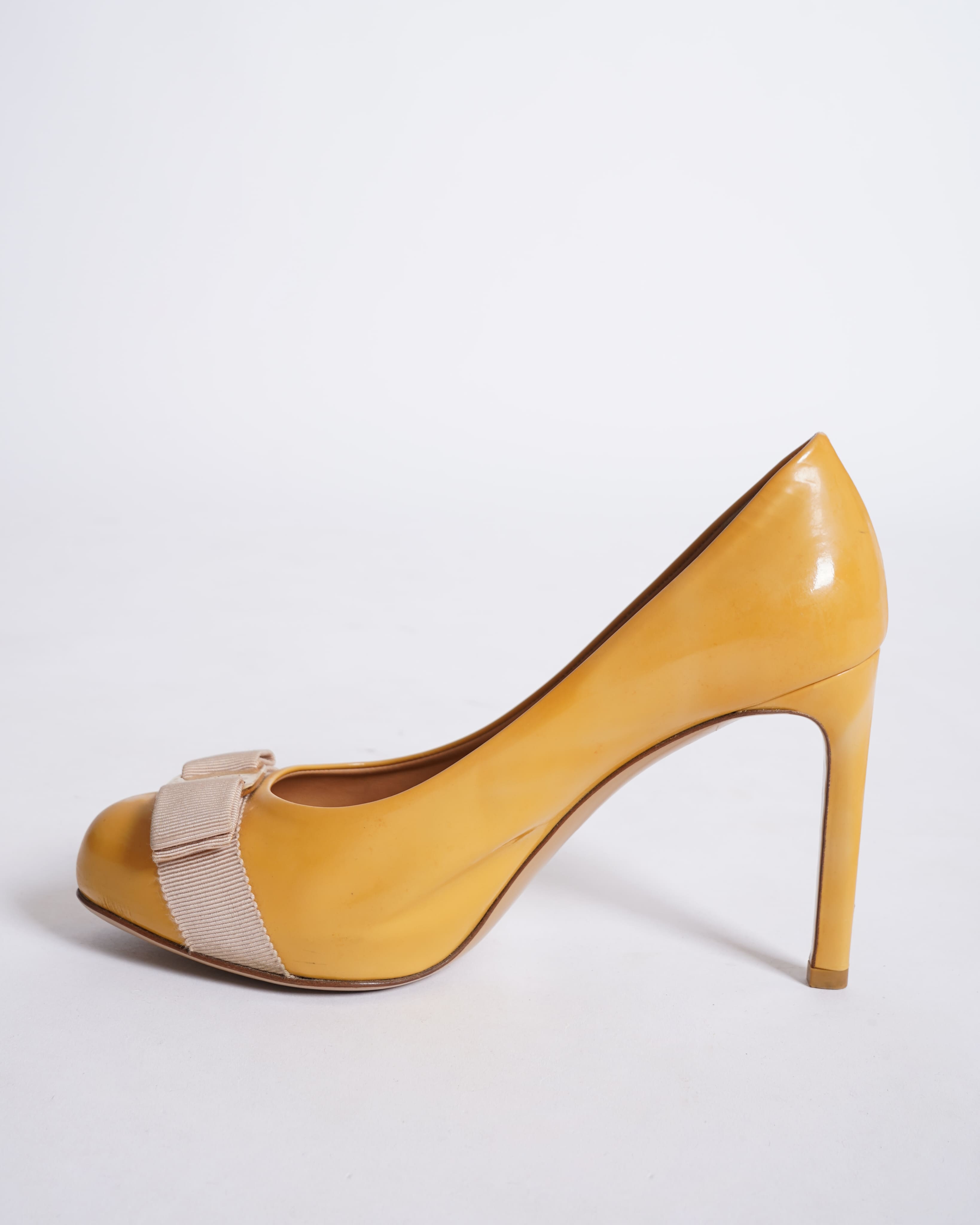 Salvatore Ferragamo Patent Leather Yellow Vara Bow Pumps