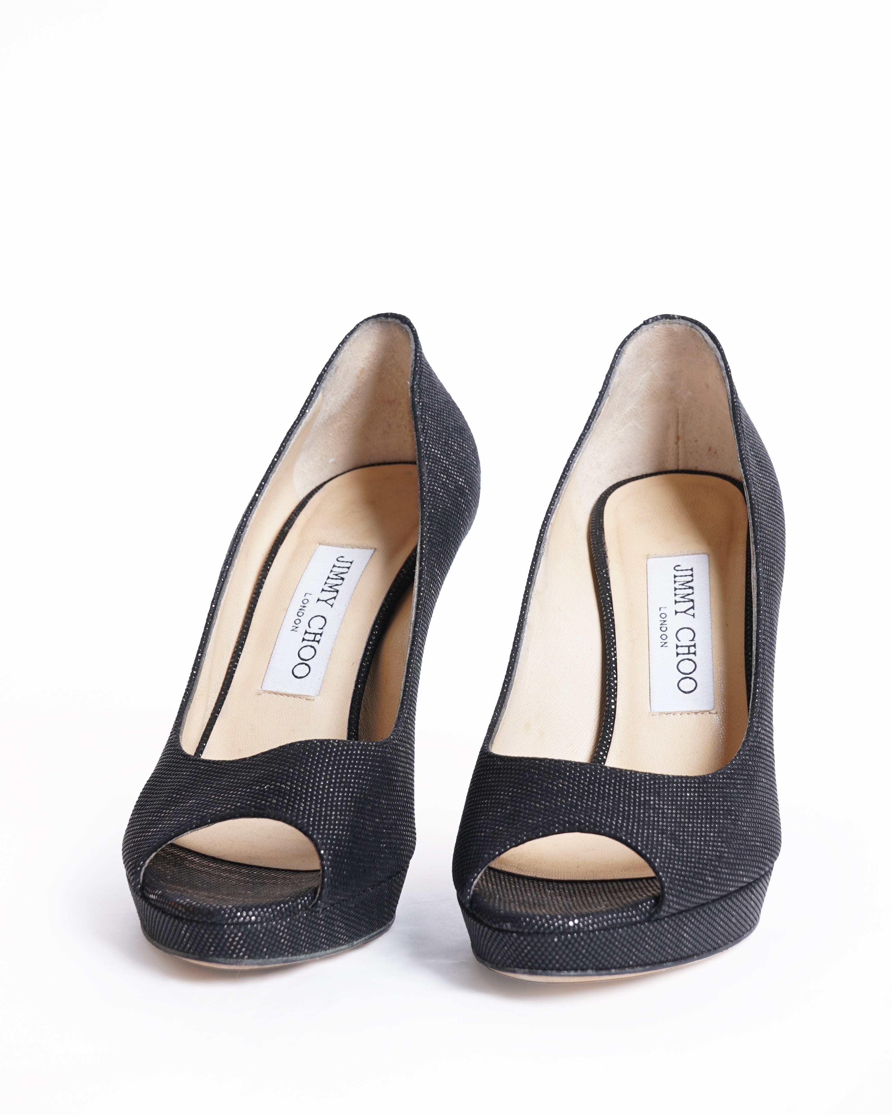 Authentic Pre-loved Jimmy Choo Black Lamè Peep Toe Heels | My Almari